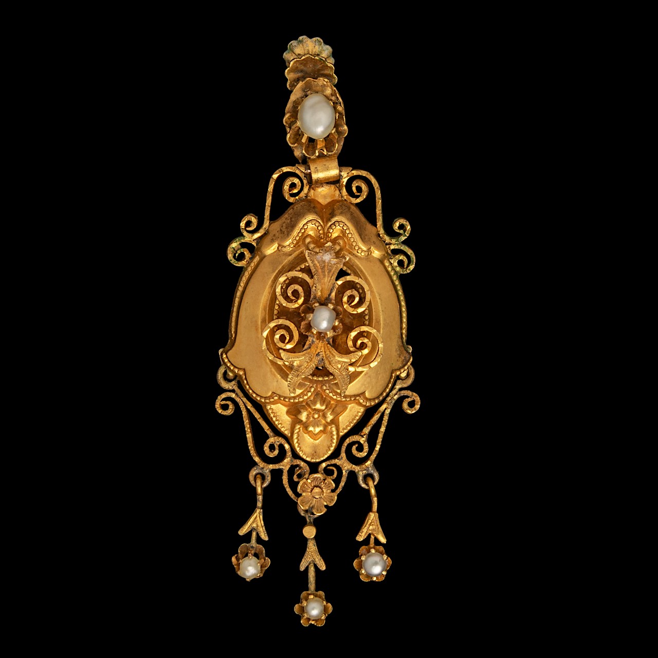 A classic Victorian 18ct yellow gold garniture set, set with pearls, total weight: ca 22,8 g - Image 6 of 8