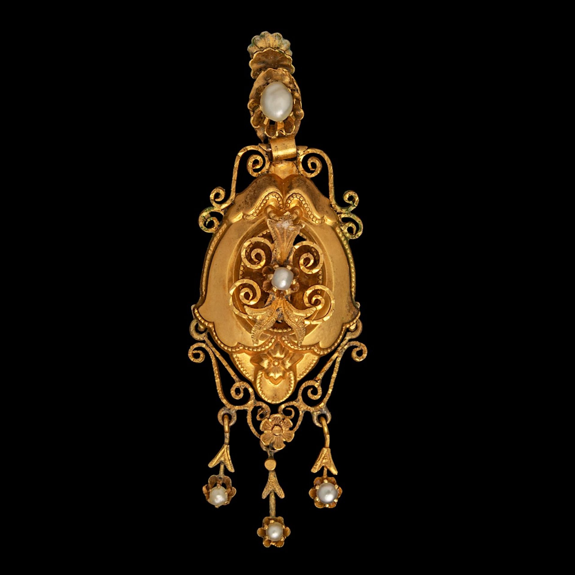 A classic Victorian 18ct yellow gold garniture set, set with pearls, total weight: ca 22,8 g - Bild 6 aus 8