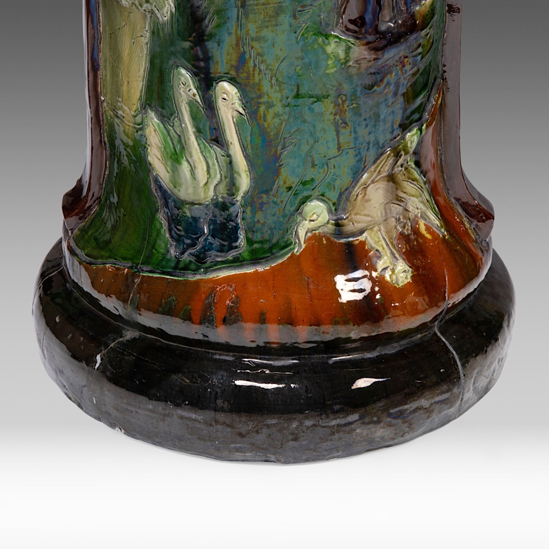 An imposing Art Nouveau polychrome earthenware cachepot on stand by the Caesens pottery manufactory, - Image 13 of 19