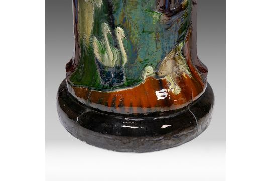 An imposing Art Nouveau polychrome earthenware cachepot on stand by the Caesens pottery manufactory, - Image 13 of 19