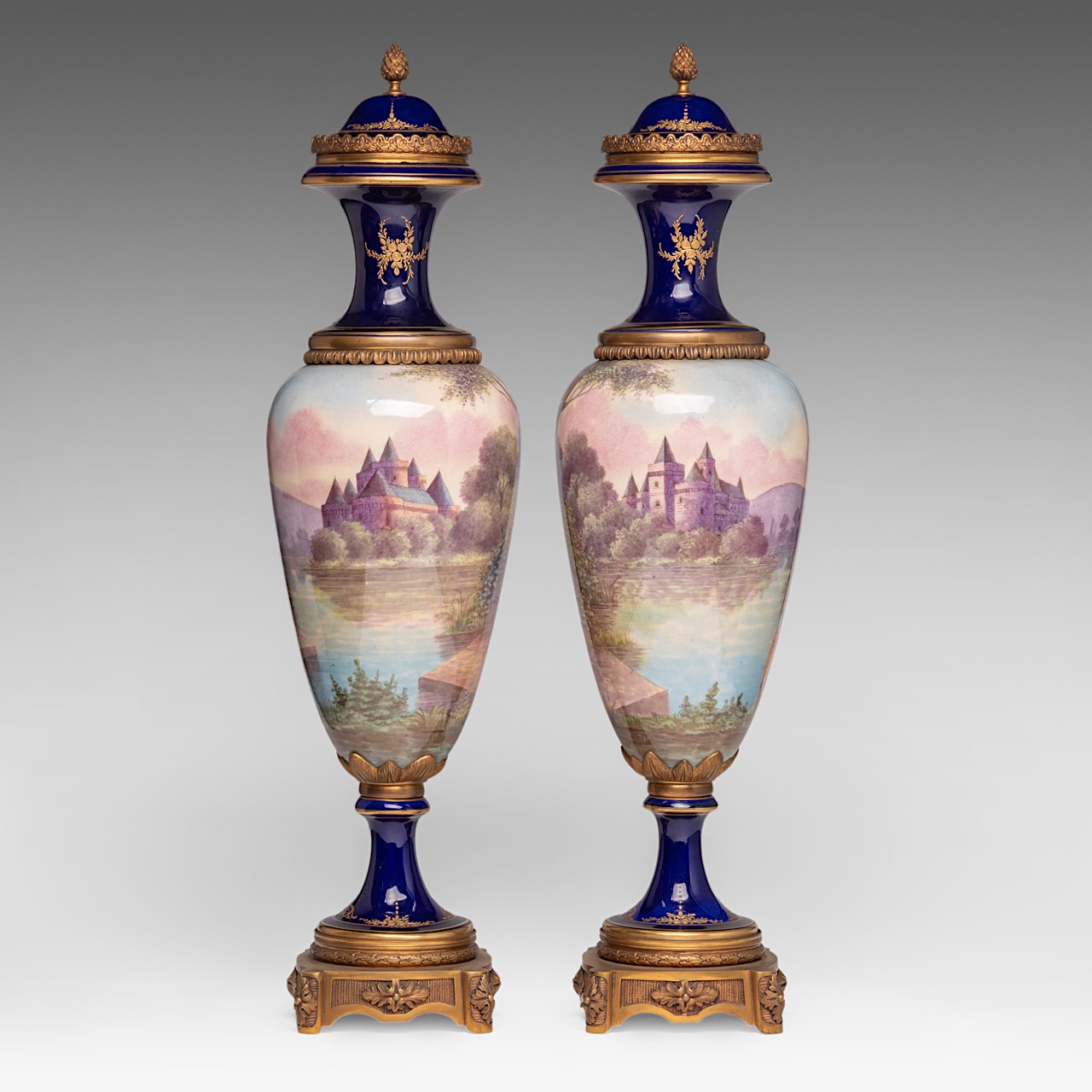 A pair of blue royale ground oblong Sevres type vases with hand-painted gallant scenes and gilt bron - Image 4 of 11