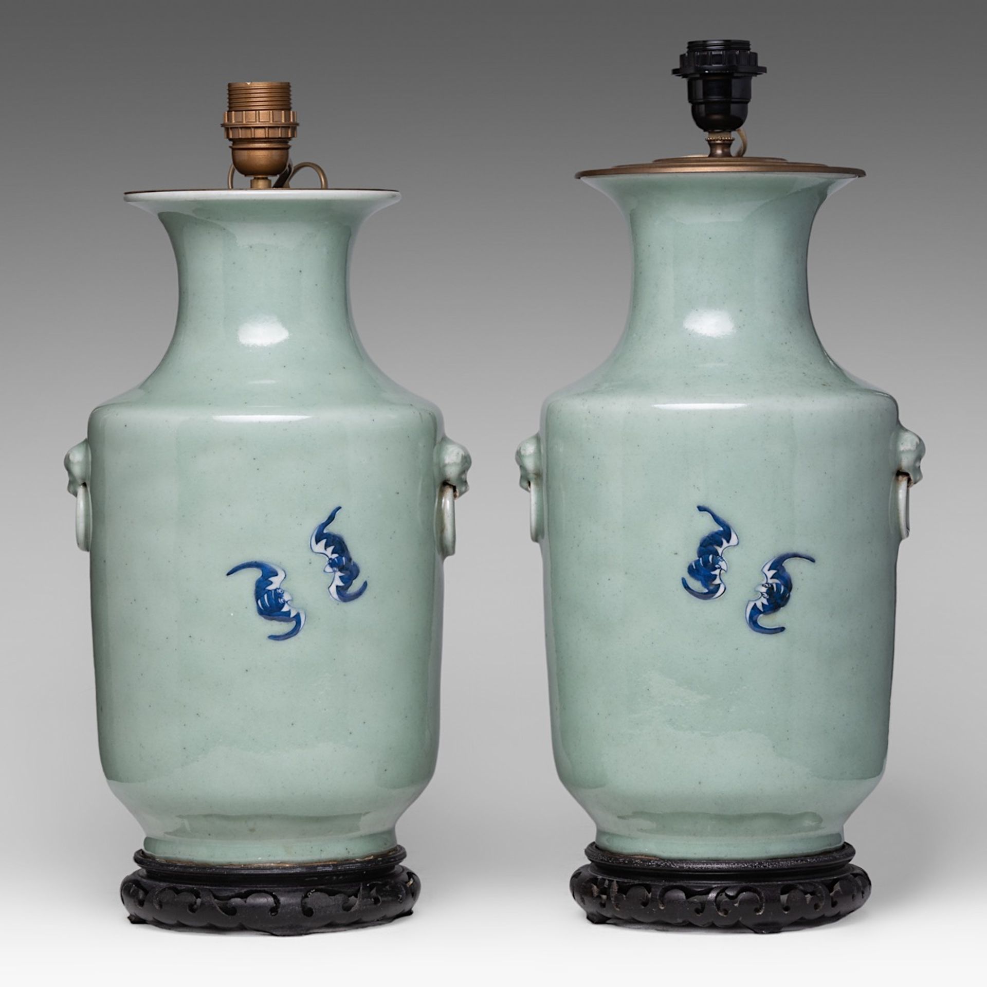 A pair of Chinese blue and white on celadon ground 'Immortal' vases, fixed with lamp mounts, total H - Bild 3 aus 5