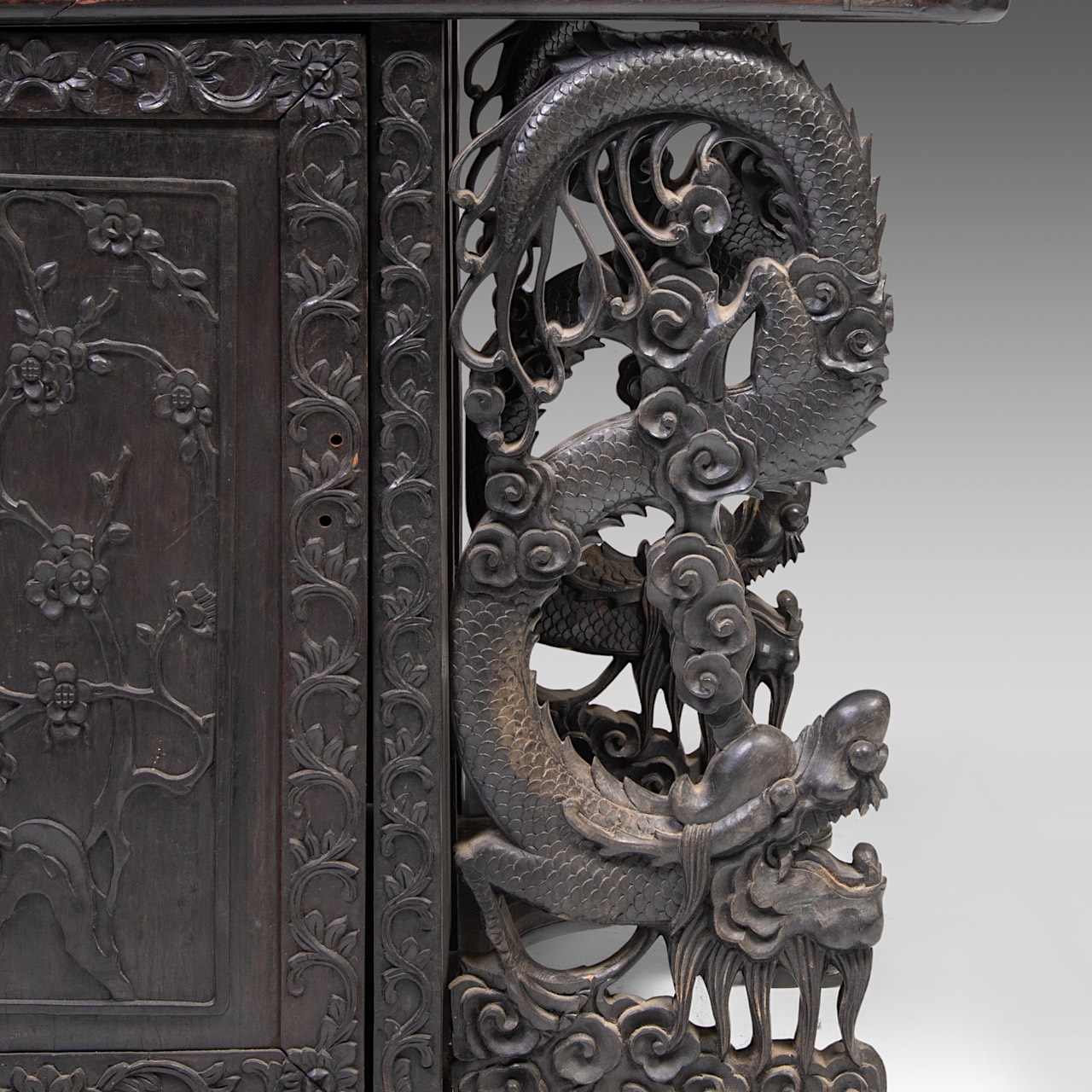 A compact South Chinese carved hardwood writing desk, 19thC, H 83 - W 66 - D 62 cm - Image 8 of 10