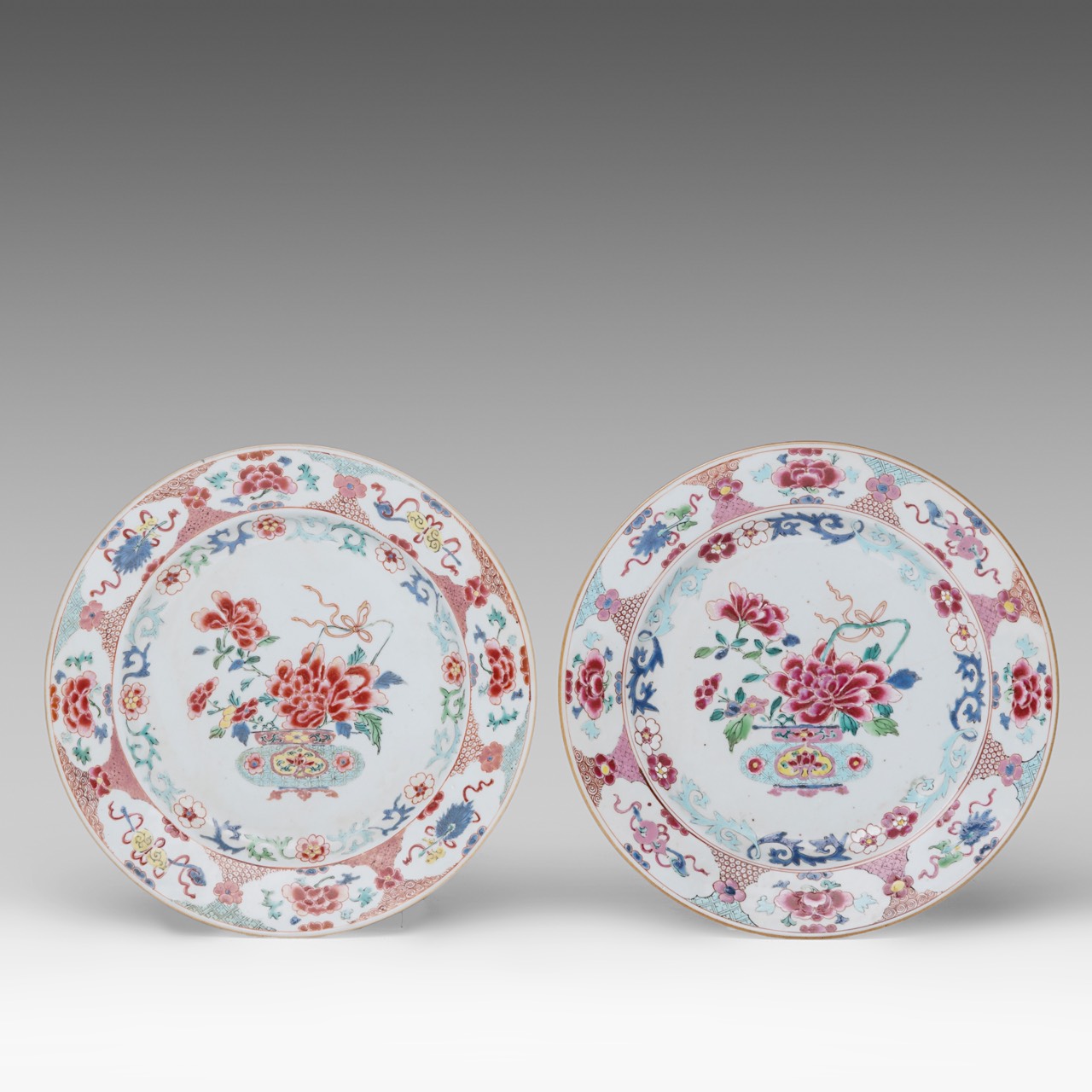 A collection of six Chinese famille rose 'Peonies' export porcelain large plates and dishes, 18thC, - Image 4 of 7