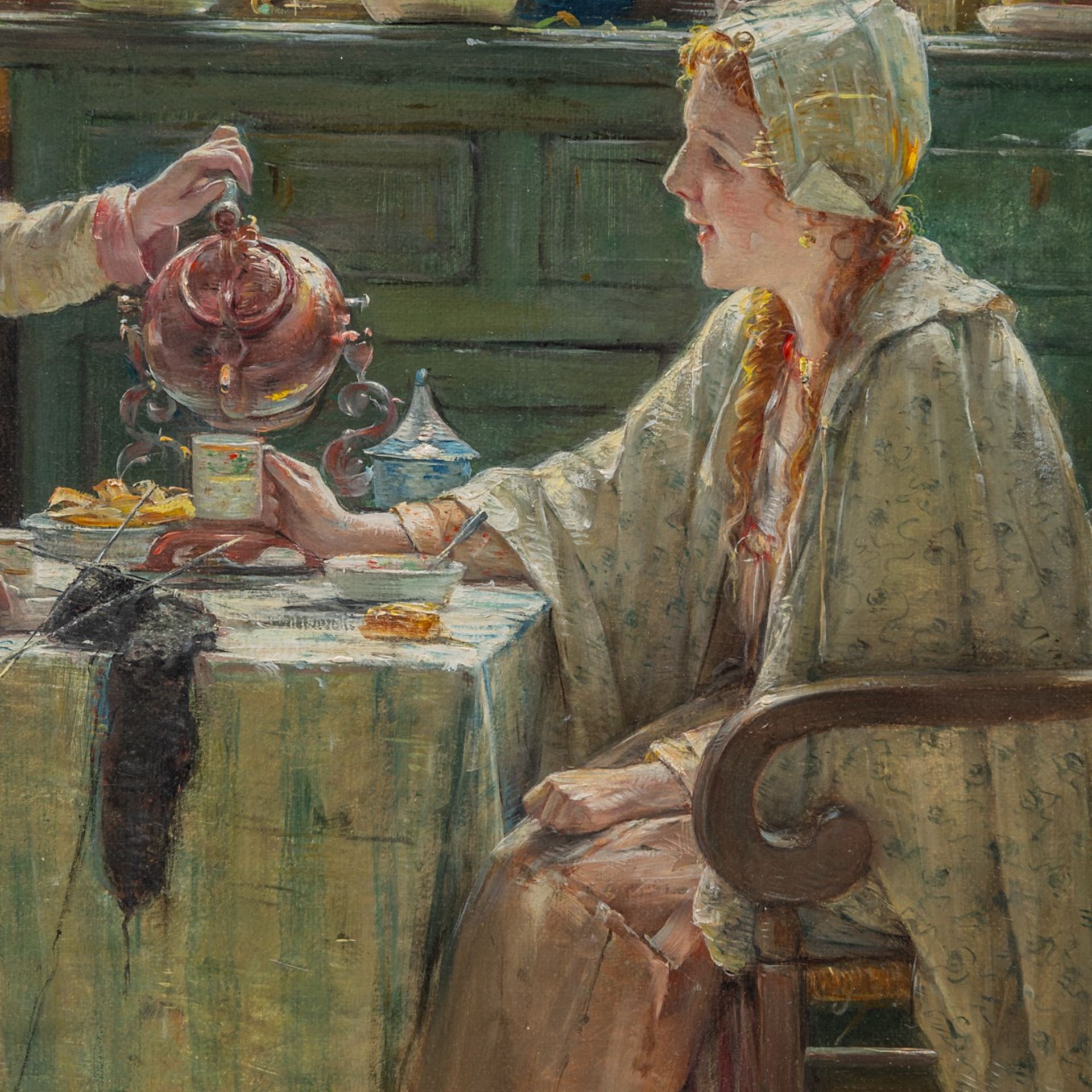 Edward Portielje (1861-1949), tea time, oil on canvas 50 x 70 cm. (19.6 x 27.5 in.), Frame: 81 x 94 - Image 6 of 6