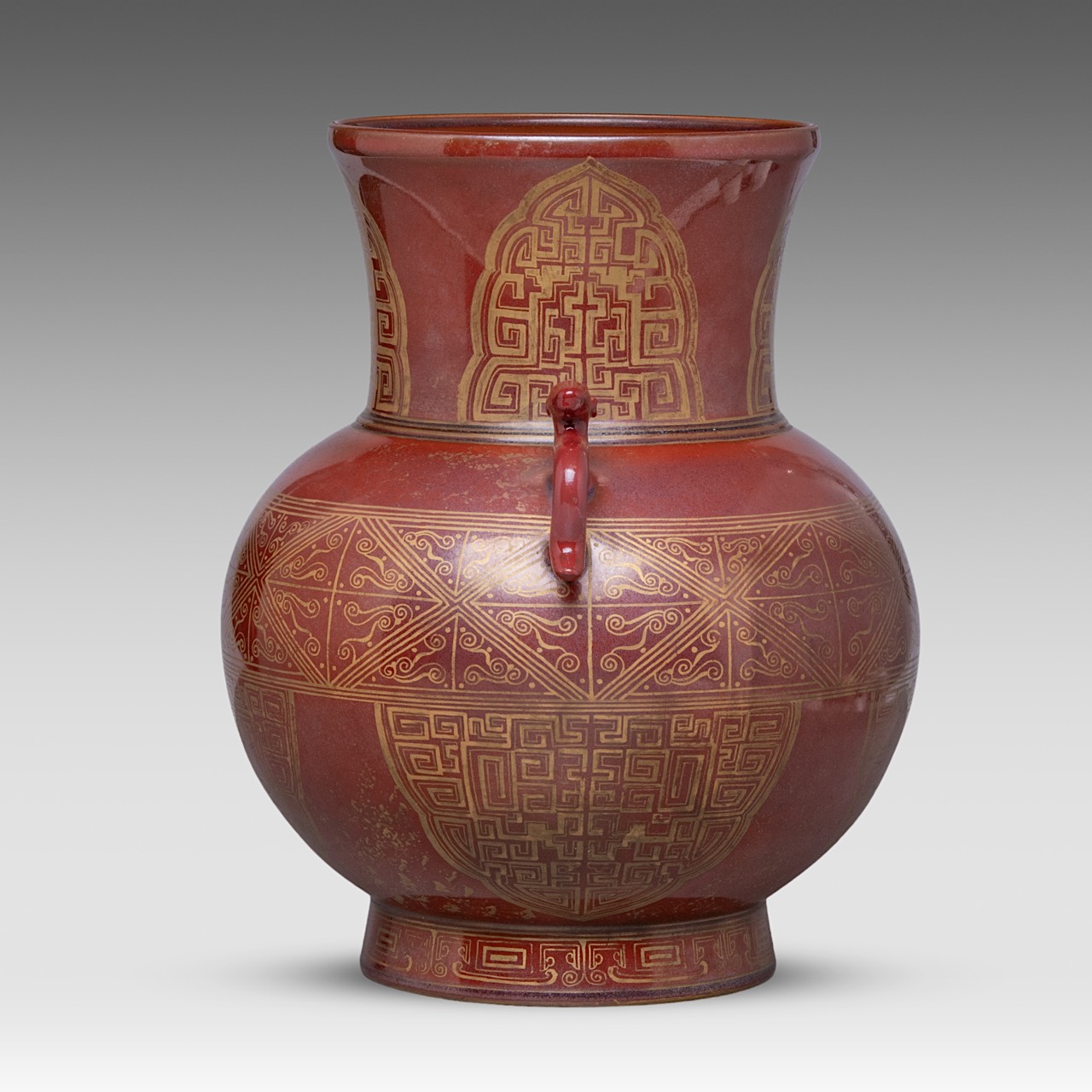 A Chinese archaistic gilt on red ground hu vase, paired with deer handles, with a Jing Wei Tang Zhi - Image 2 of 6