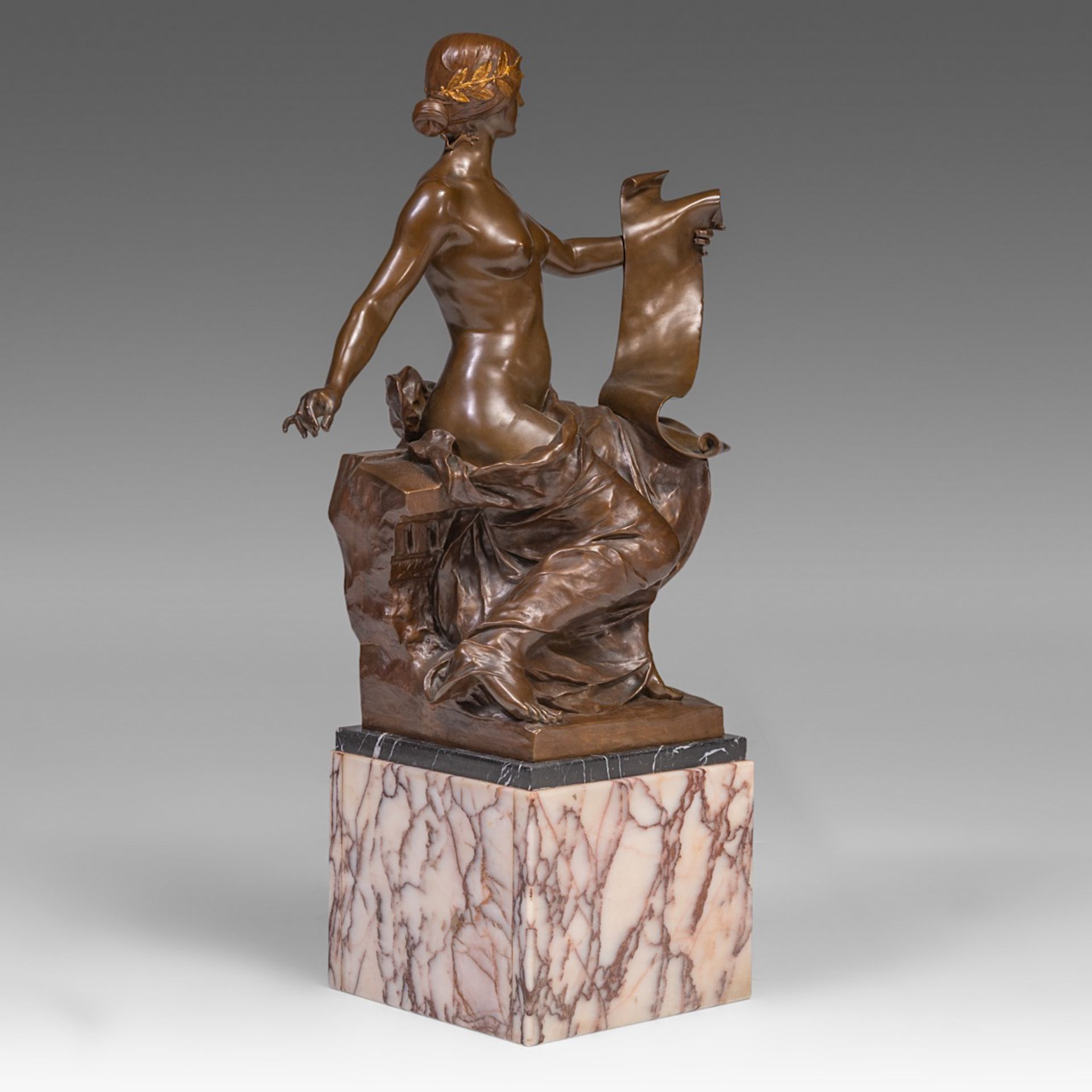 Georges Bareau (1866-1931), 'Allegory of History', patined and gilt bronze, casted by Barbedienne, H - Image 8 of 11