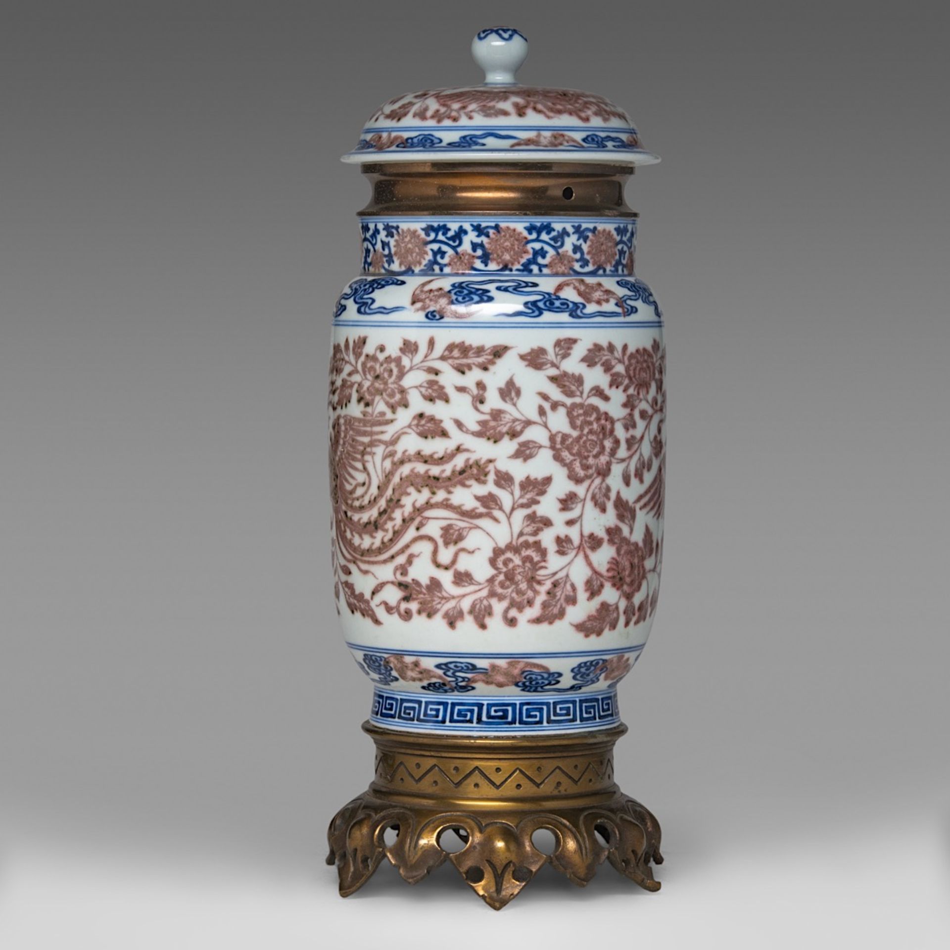 A Chinese copper-red and underglaze blue 'Phoenixes amongst Peonies' albarello lantern vase, with a - Image 2 of 6