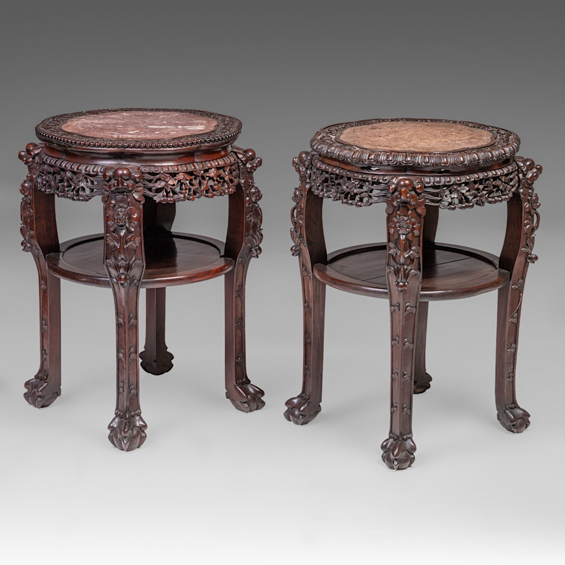 A small collection of four South Chinese carved hardwood bases, all with a marble top, late Qing, ta - Bild 3 aus 17