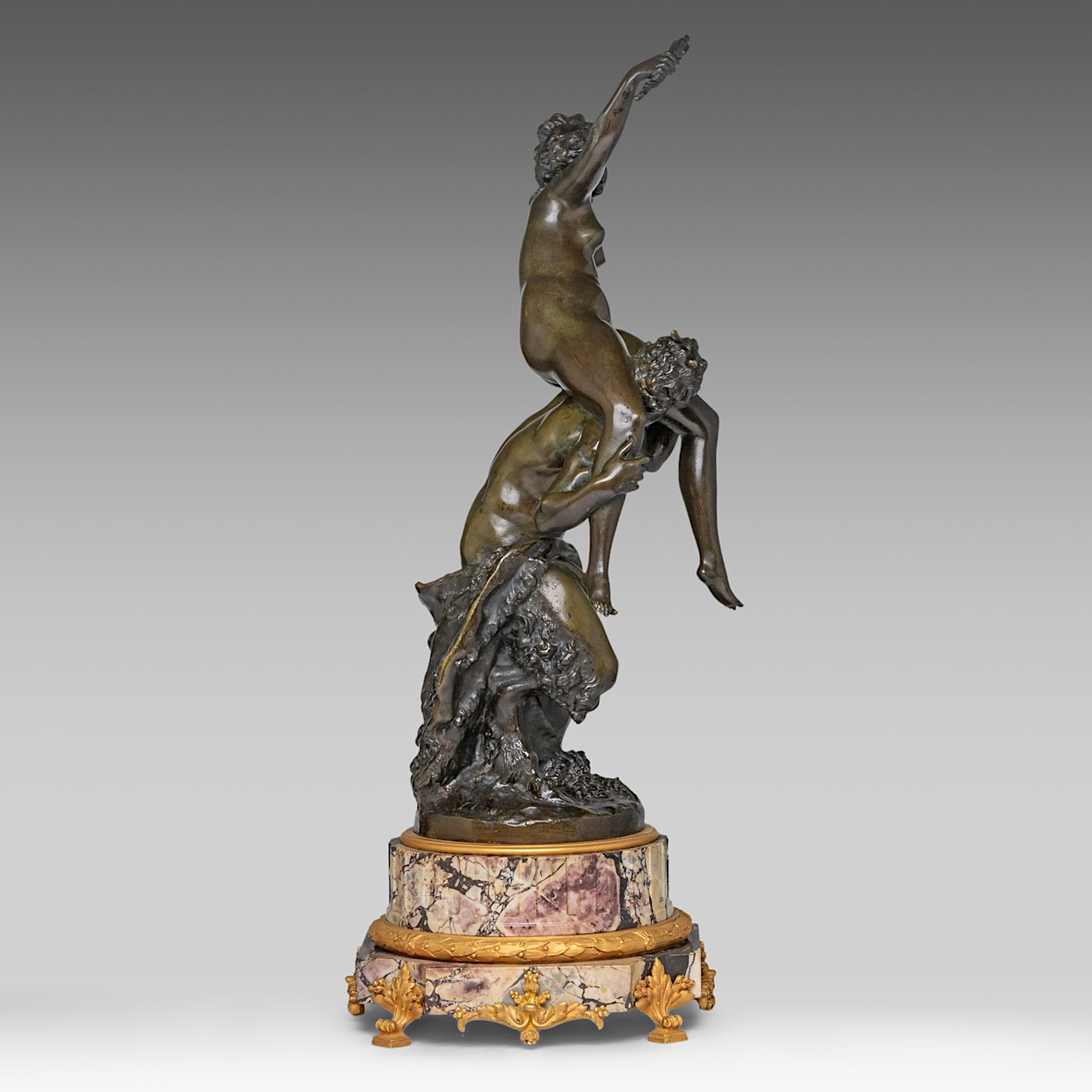 Clodion (1738-1814), Satyr and Nymph, patinated bronze on a marble base with gilt bronze mounts, H 6 - Image 5 of 8