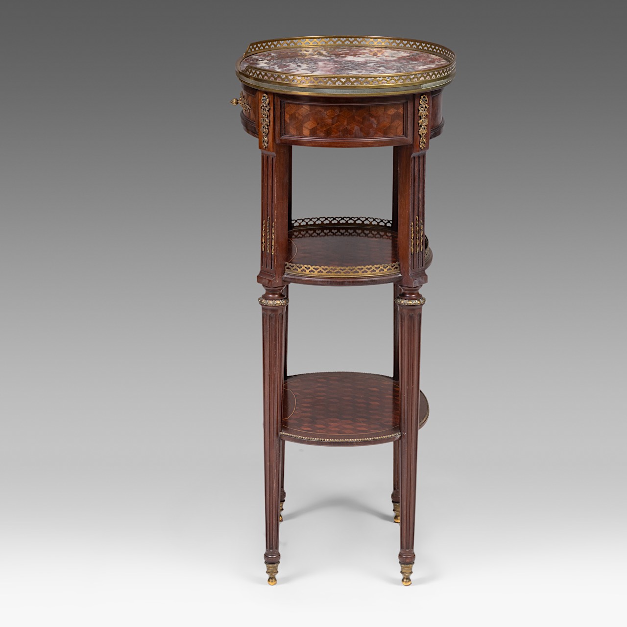 A Louis XVI-style marble-topped side table, signed Francois Linke (1855-1946), H 83,5 cm - W 44,5 cm - Image 3 of 9