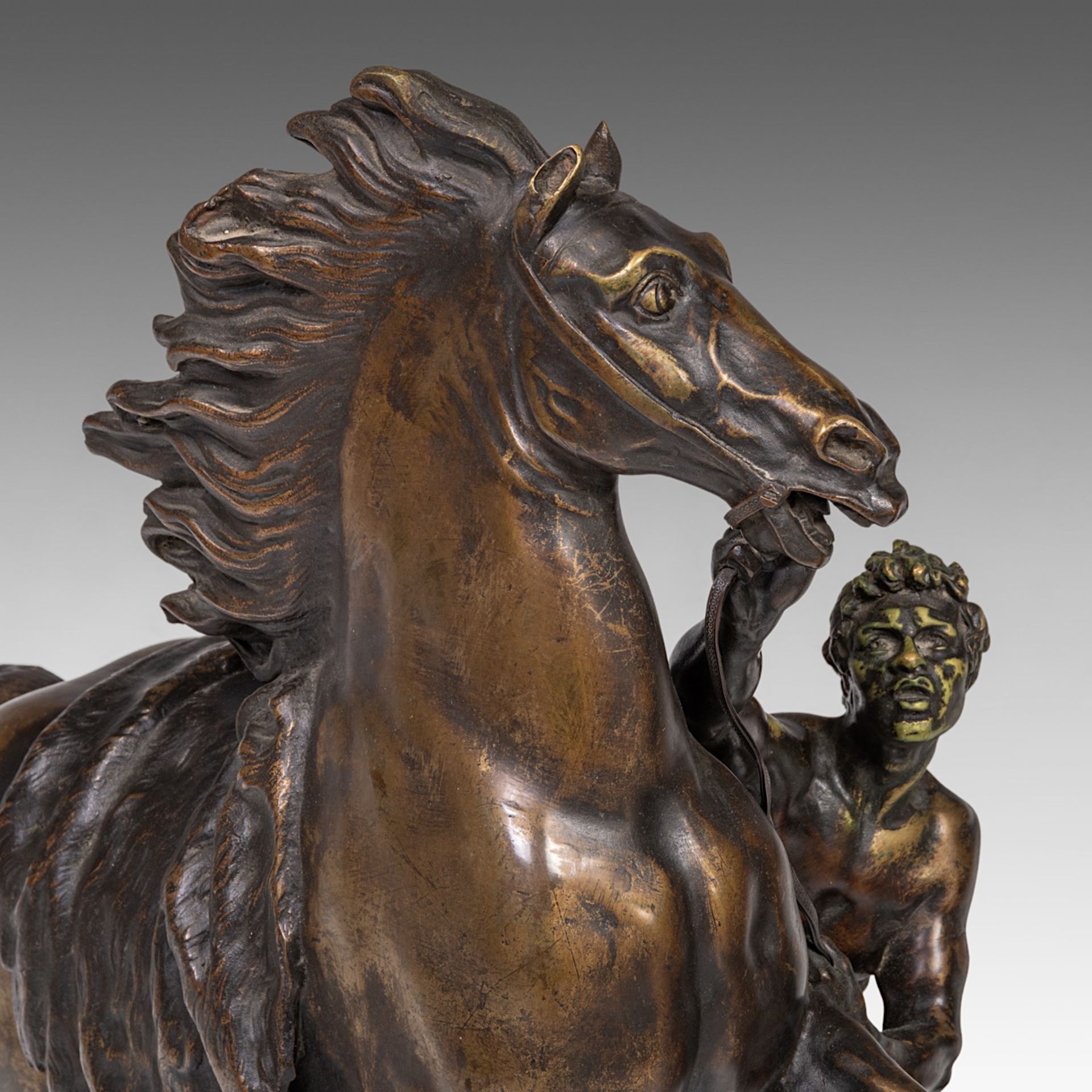 After Guillaume Coustou (1677-1746), the Marly horses, patinated bronze, H 58 cm - Image 8 of 10
