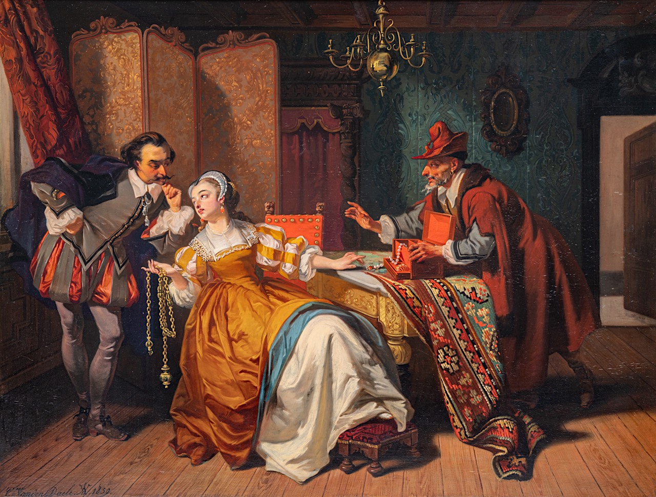 Charles van den Daele (d. 1873), the jewellery sales, 1859, oil on mahogany 70 x 90 cm. (27.5 x 35.4 - Image 7 of 9