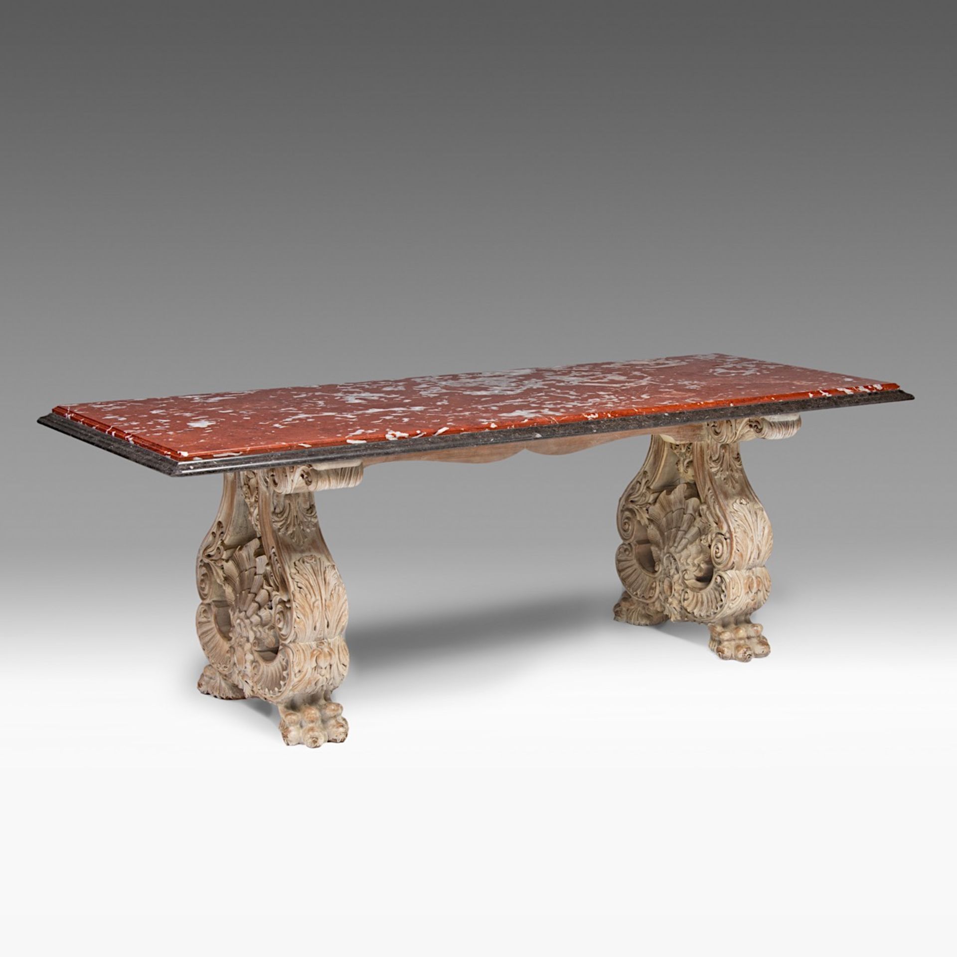 A Renaissance-style marble-topped table with sculpted wood trestles, H 76 cm - W 219 cm - D 84 cm - Image 2 of 6