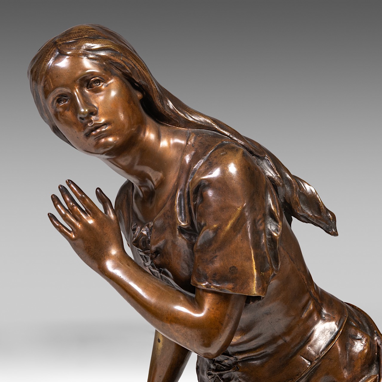 Mathurin Moreau (1822-1912), the spinner, patinated bronze, Hors Concours, H 89 cm - Image 8 of 8