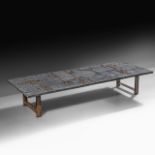 A vintage '60s Pia Manu coffee table, slate stone and gilt-glazed ceramic table top on a steel frame