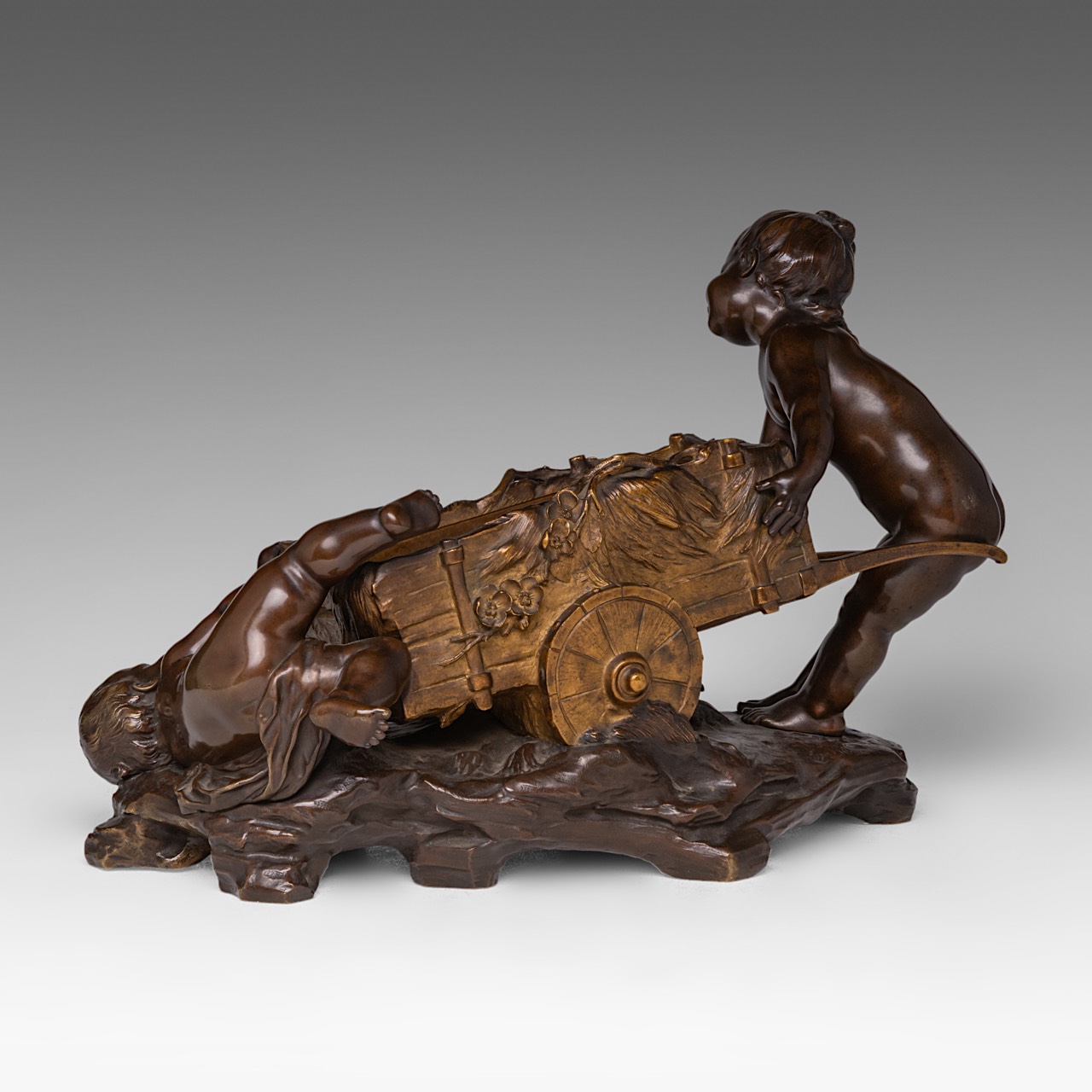 Auguste Moreau (1834-1917), two children playing with a chariot, patinated bronze plant stand, H 28 - Image 4 of 9