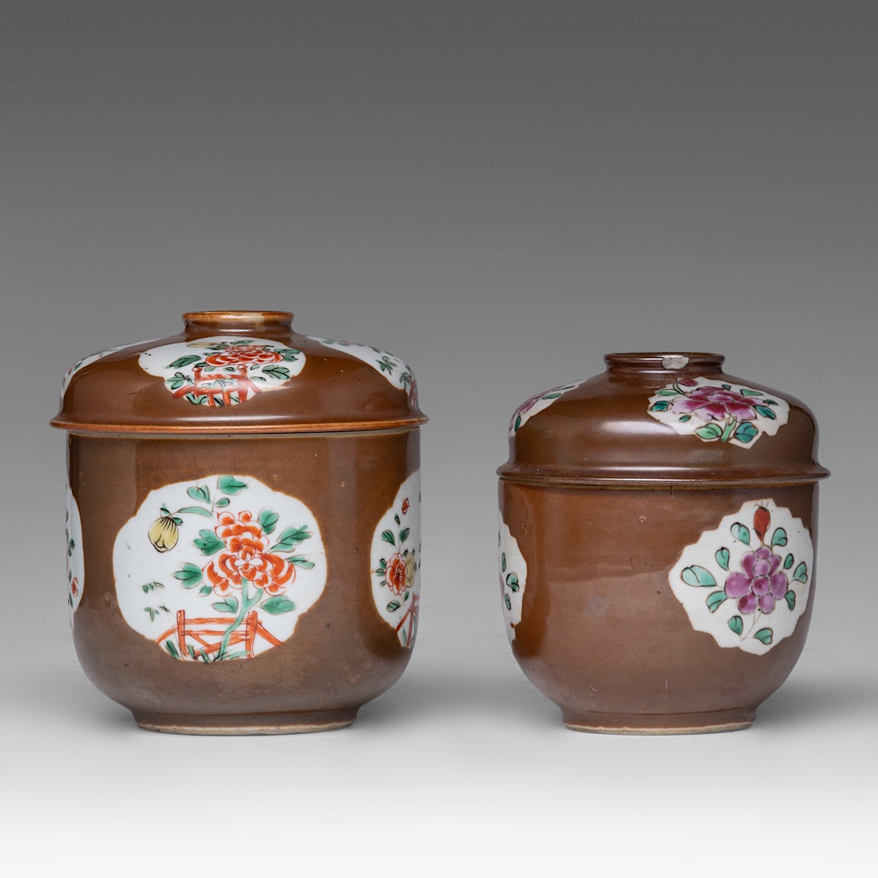 A series of five Chinese famille rose 'Peony' dishes, 18thC, dia 22 cm - added two cafe-au-lait and - Image 9 of 15