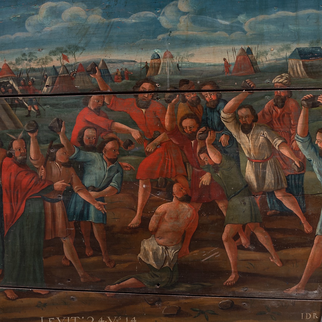 An 18thC Dutch moralizing painted and carved panel depicting the bible story of Leviticus 24:14 130 - Image 3 of 3