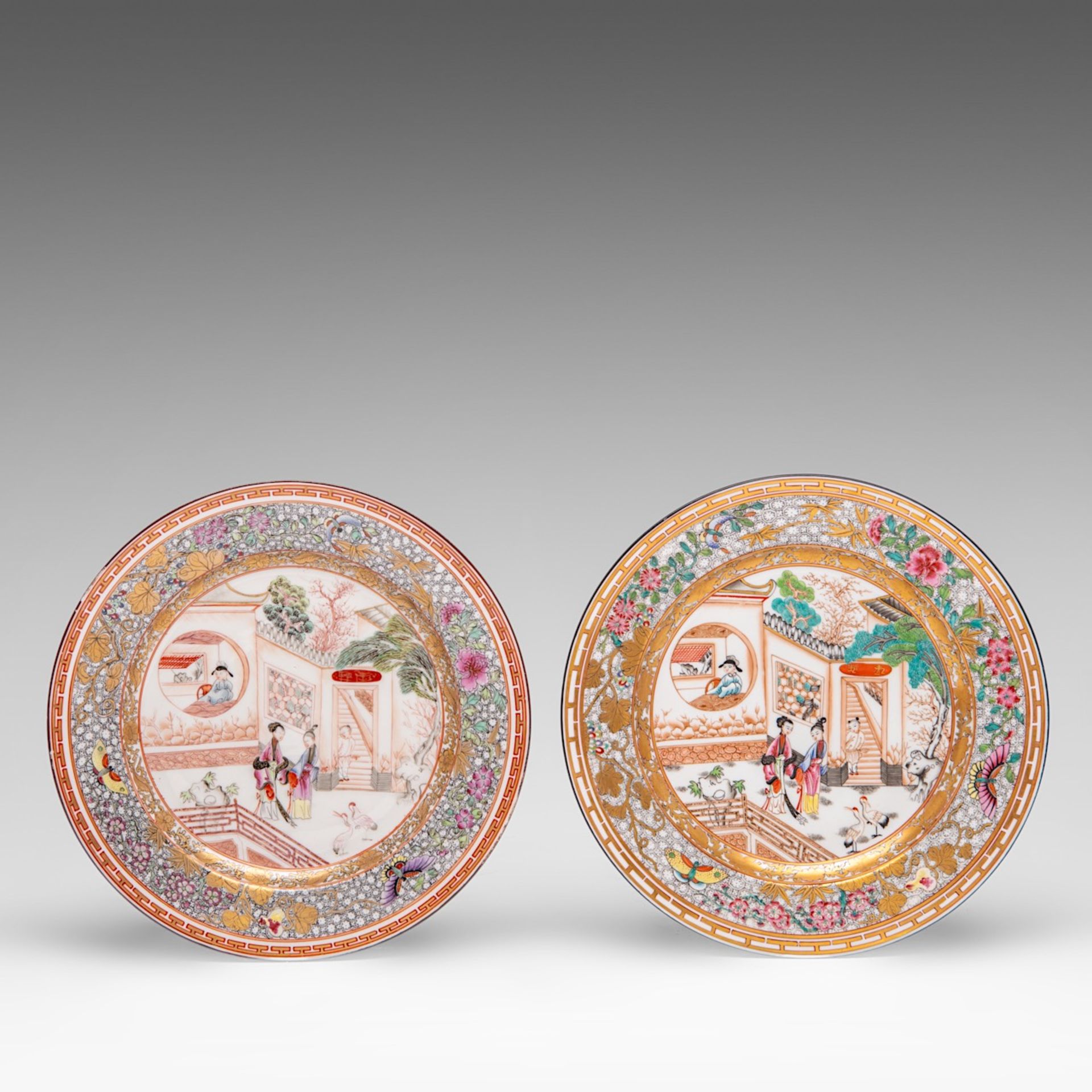 A series of 9 French Samson famille rose 'Romance of the Western Chamber' dishes, 19thC, dia 23,5 - - Image 2 of 11