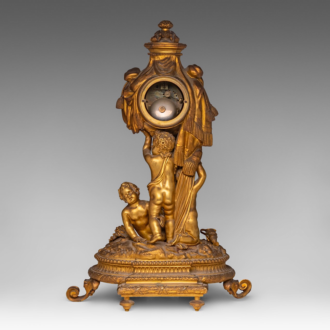 A Neoclassical gilt bronze mantle clock with putti holding the clock case, Lerolle, Paris, H 61 cm - Image 4 of 7