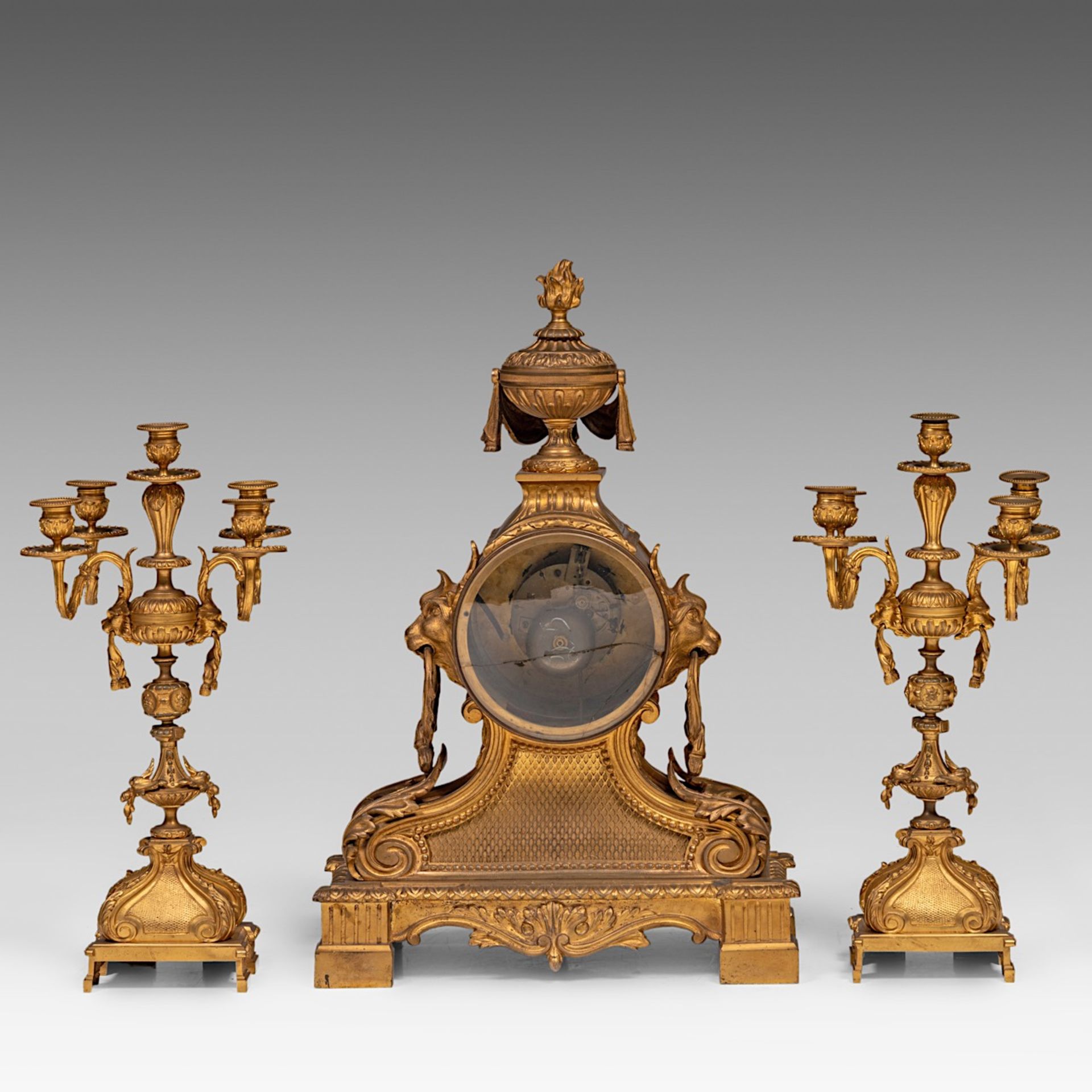 A three-piece Neoclassical gilt bronze mantle clock, H 50 - 65 cm - Image 3 of 6