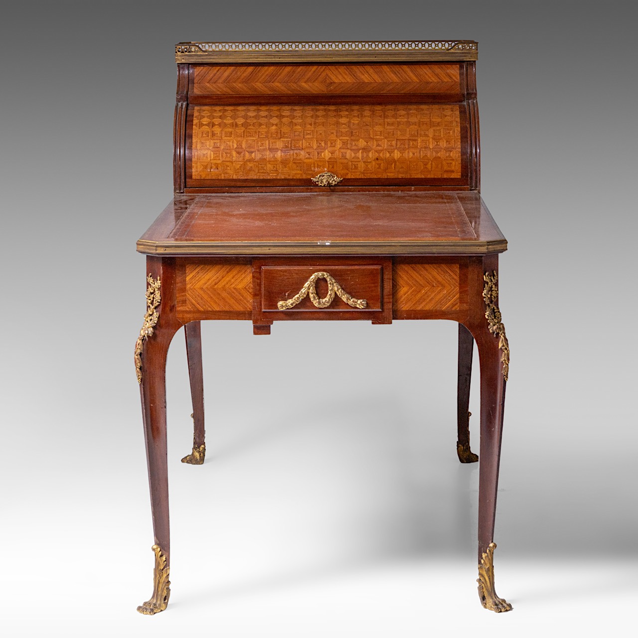 A leather-topped Transitional-style bureau plat and rolltop desk with parquetry and gilt bronze moun - Image 4 of 9