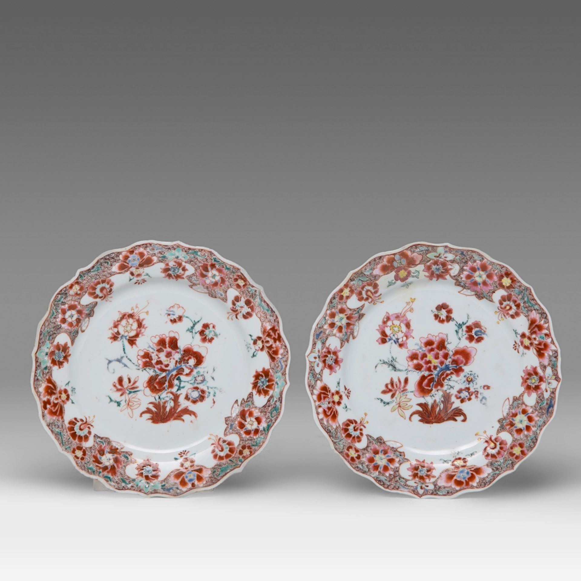 A pair of Chinese famille rose 'Cherry Pickers' plates, 18thC, dia 23,5 - added a series of five fam - Image 2 of 7