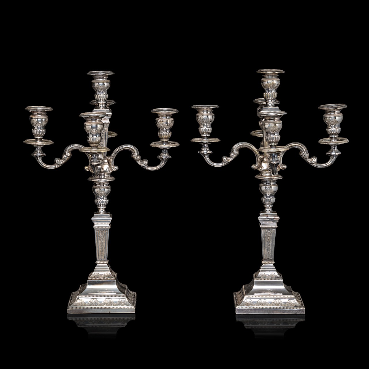 A pair of Neoclassical silver candelabras, Belgian hallmark (1942-present), 835/000, maker's mark Co - Image 5 of 7