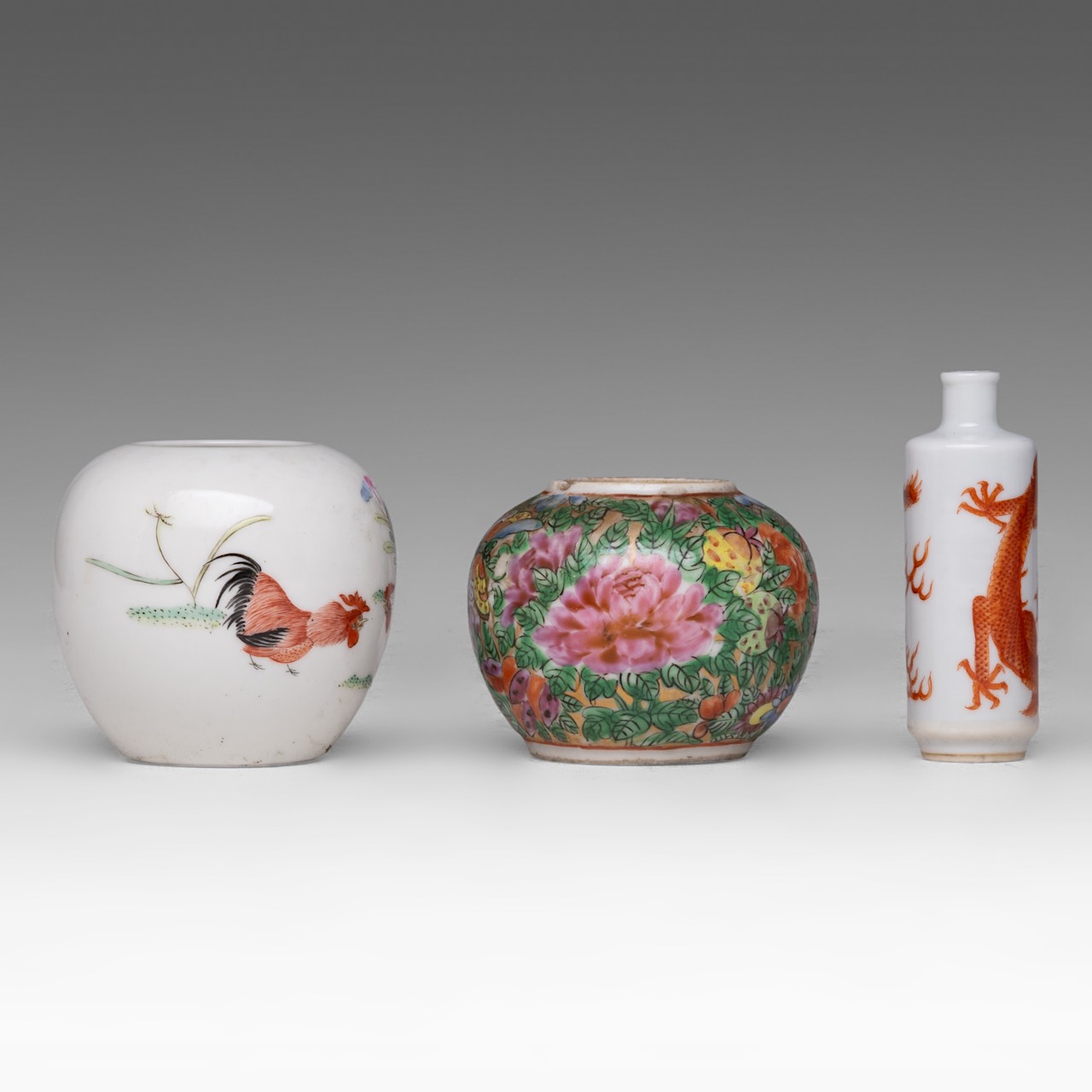A small collection of Chinese famille rose ware, incl. famille rose figural snuff bottle, some marke - Image 4 of 17