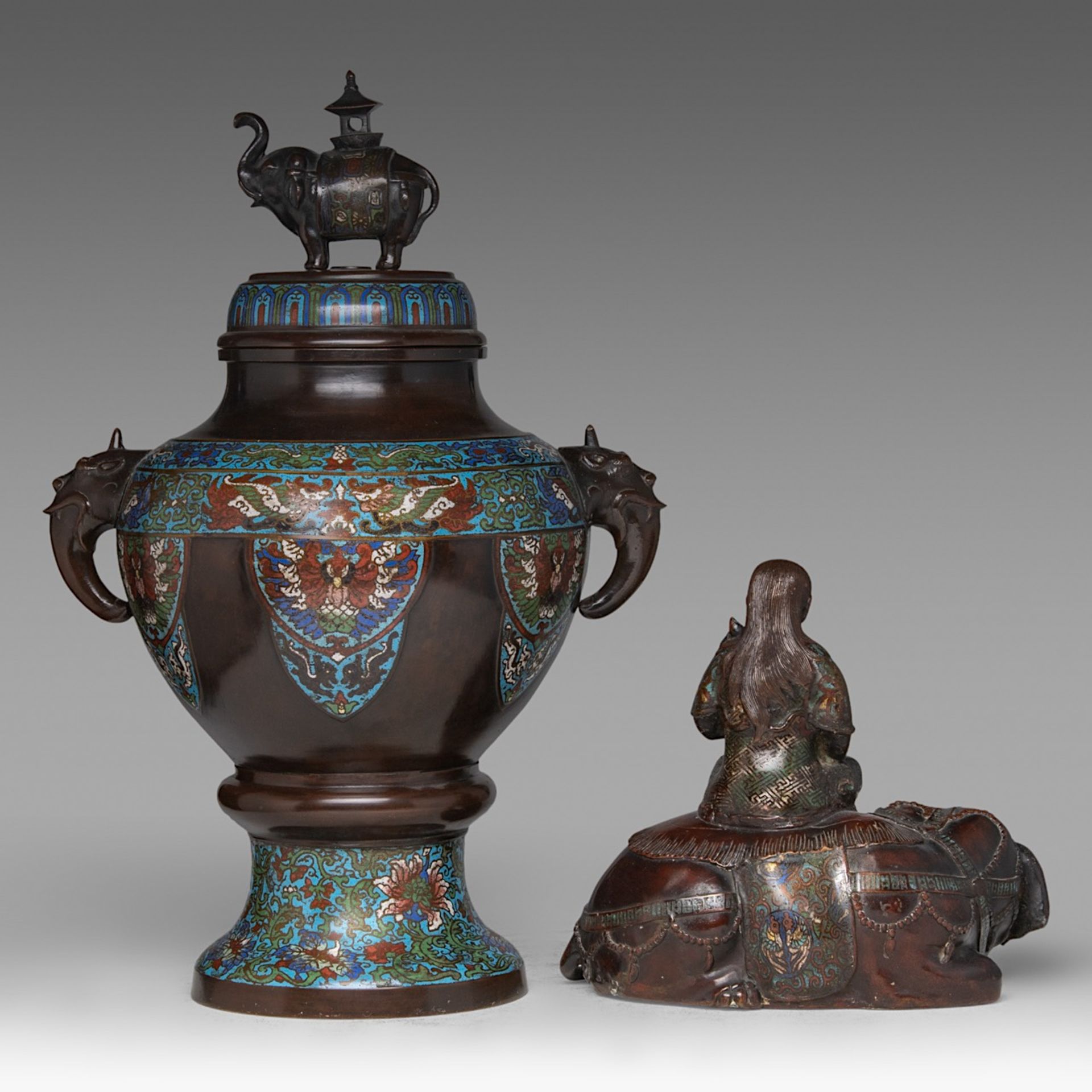 A Japanese champleve enamelled bronze censer and a ditto figure of Kannon seated on an elephant, lat - Image 3 of 8