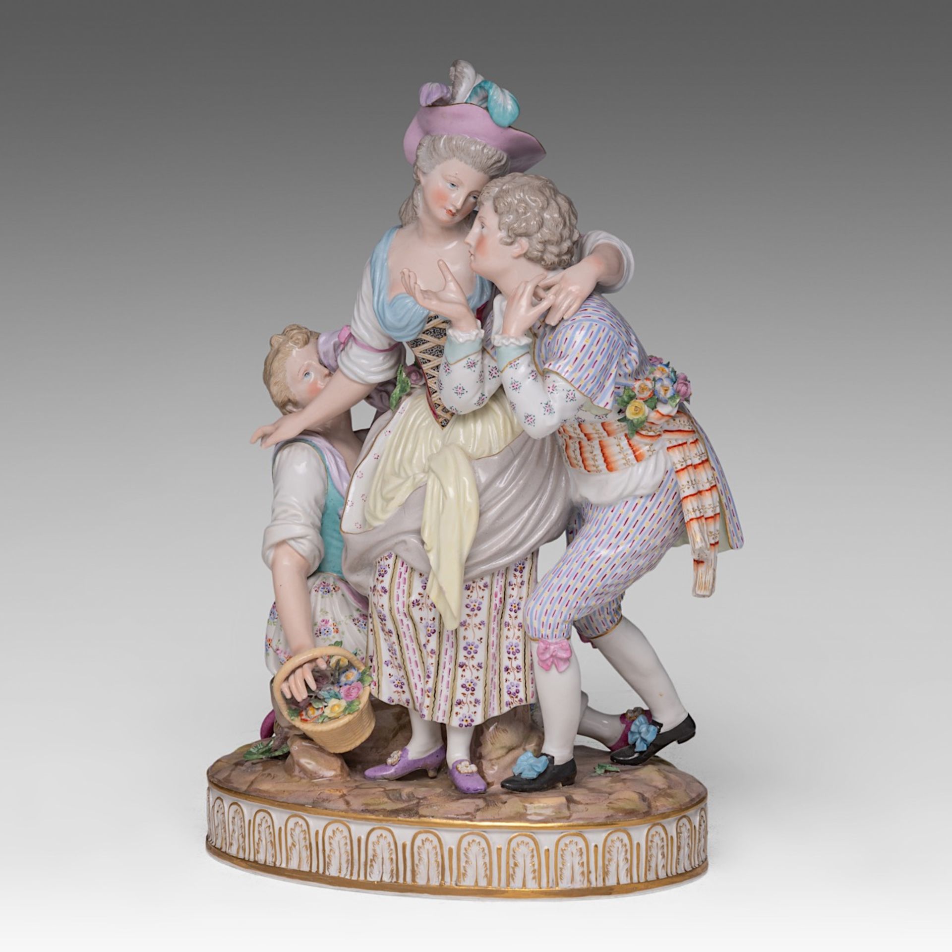 A polychrome Meissen porcelain group with a gallant scene, H 32 cm - Bild 2 aus 9
