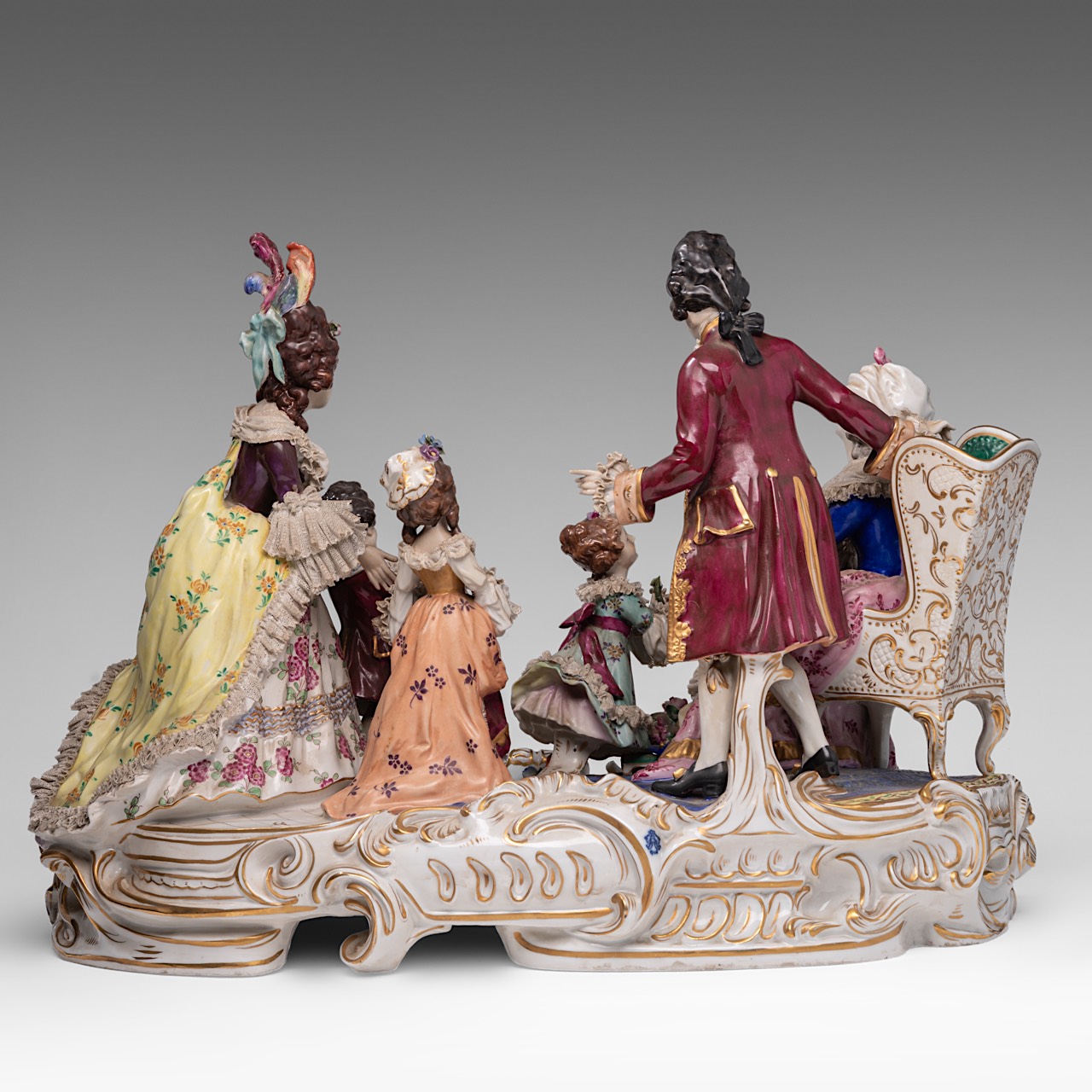 A large Saxony polychrome porcelain group depicting a gallant scene in a Rococo setting, H 40 - W 55 - Image 4 of 15