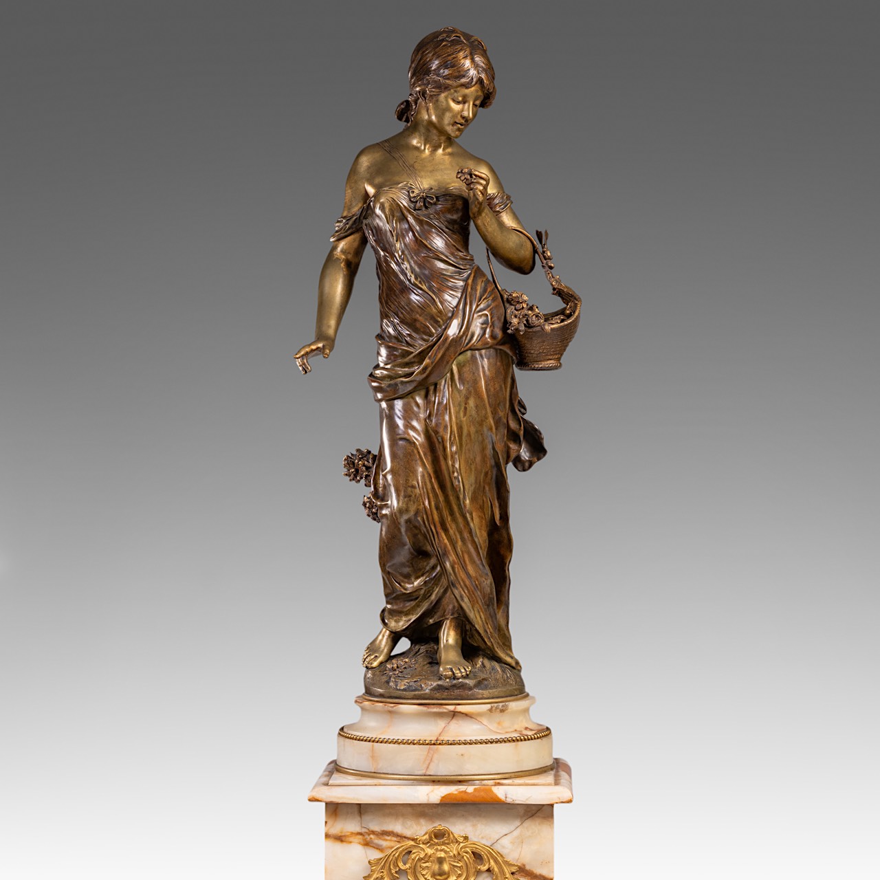 Auguste Moreau (1834-1917), lady with flower basket, patinated bronze on a Neoclassical onyx pedesta - Image 10 of 14