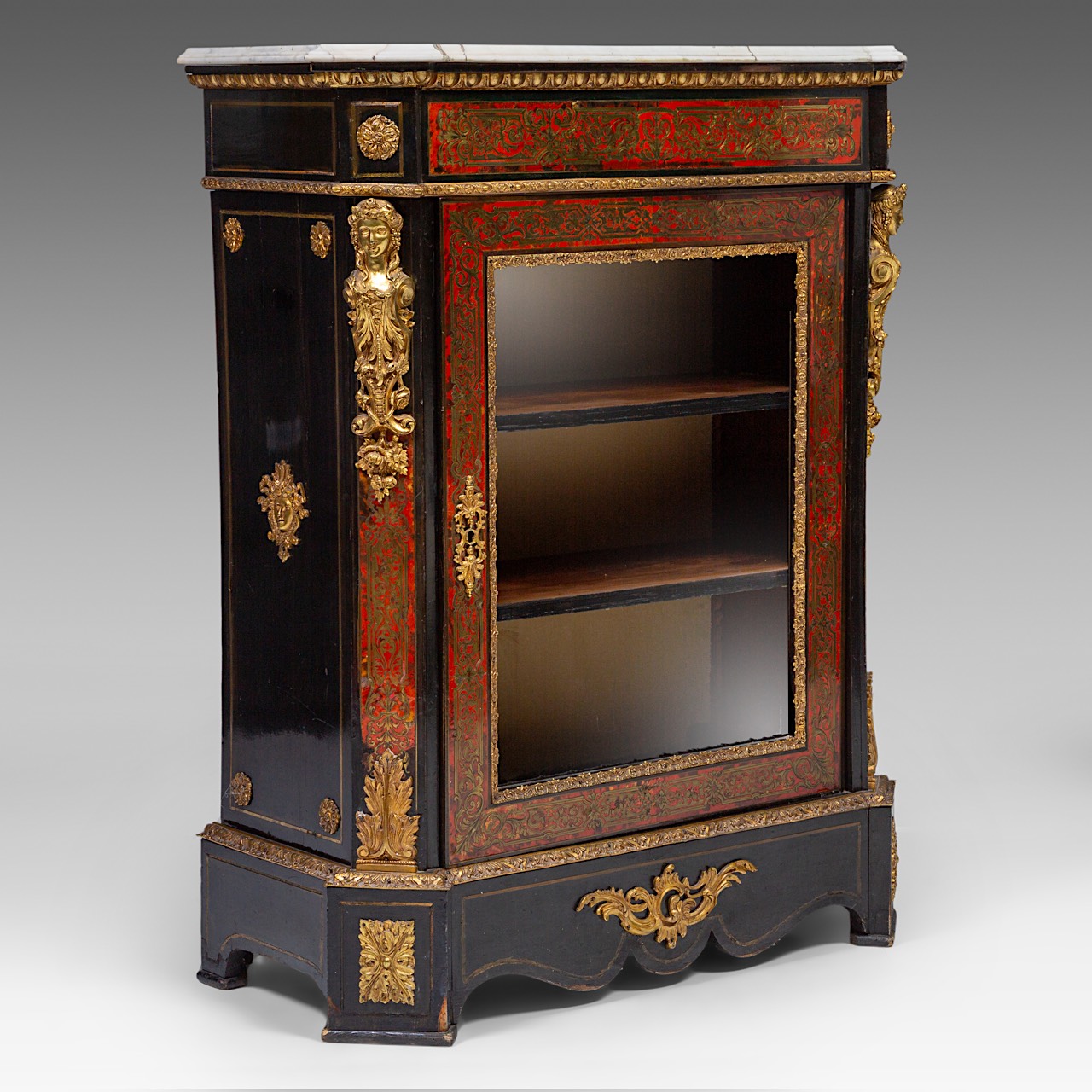 A Napoleon III (1852-1870) Boulle work display cabinet with gilt bronze mounts and marble top, H 112