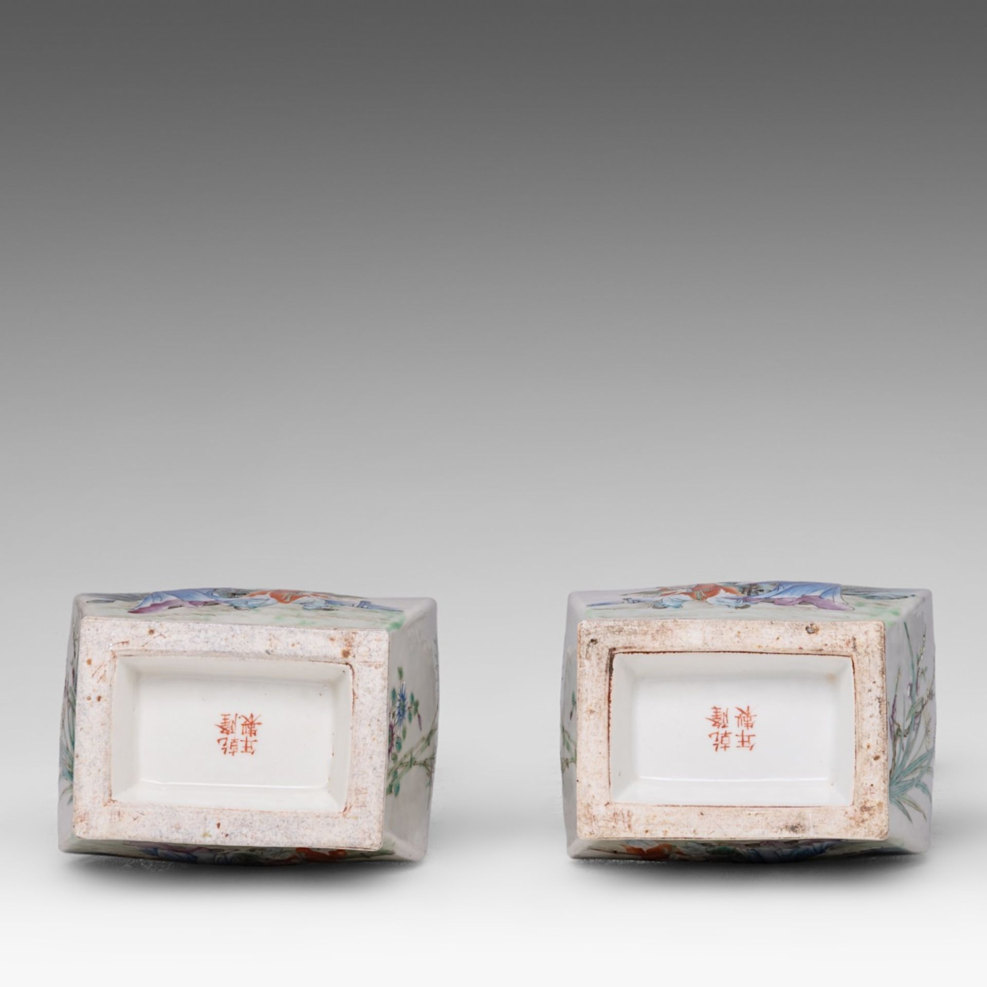 A pair of Chinese famille rose 'Scholar and Pupil boy' fanghu vases, with a Qianlong mark, Republic - Image 6 of 6