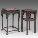 Two South-Chinese carved hardwood bases, one with a marble top, late Qing, largest H 82 - 48 x 48 cm