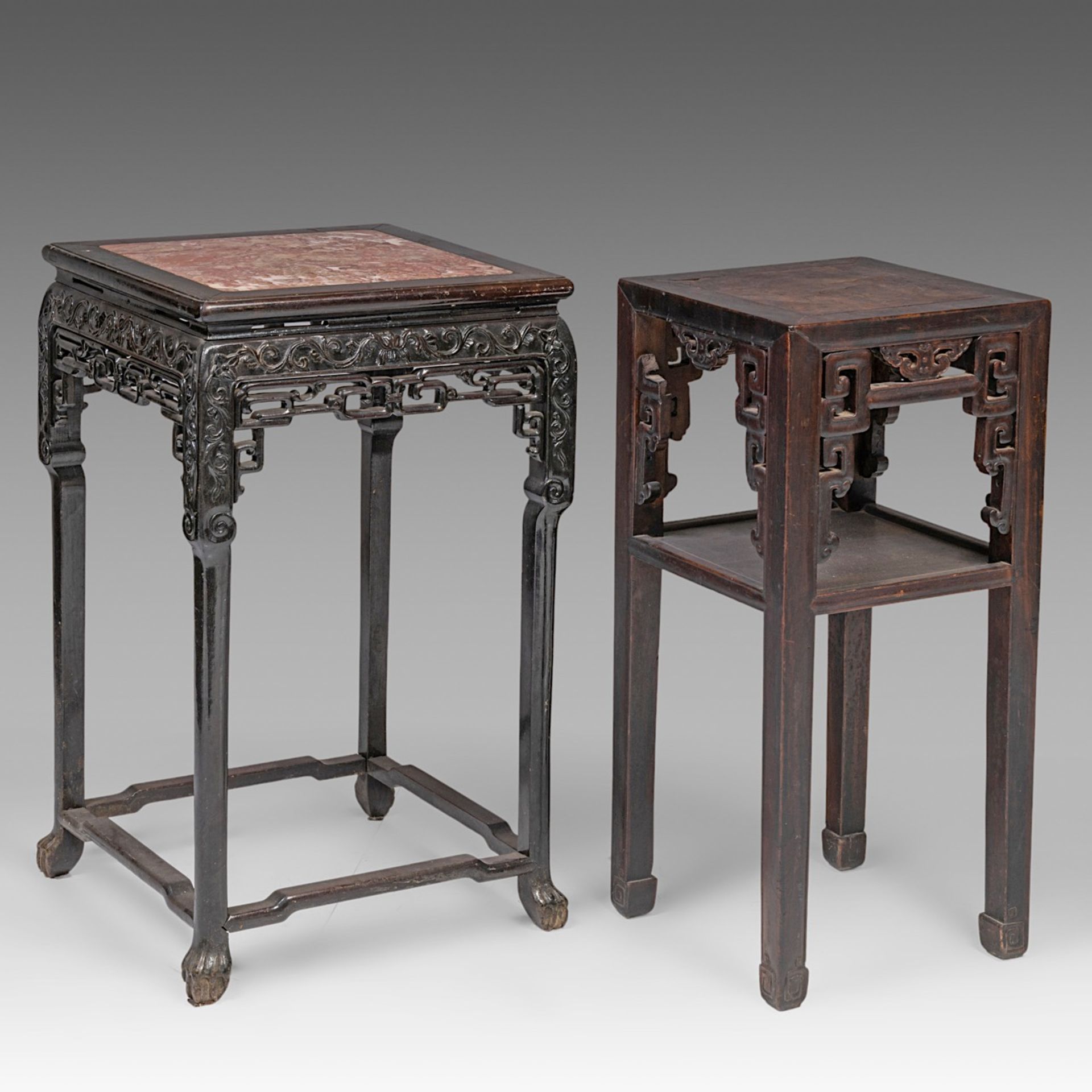 Two South-Chinese carved hardwood bases, one with a marble top, late Qing, largest H 82 - 48 x 48 cm