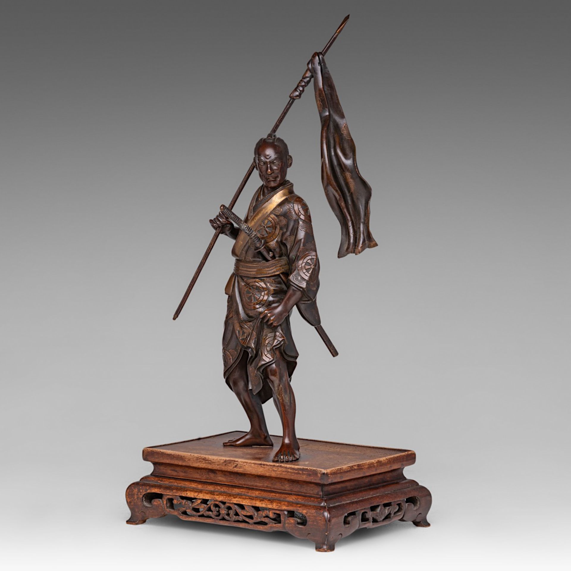 A Japanese bronze okimono of a warrior from the tale of Genji, signed, Meiji period (1868-1912), fix - Image 2 of 9