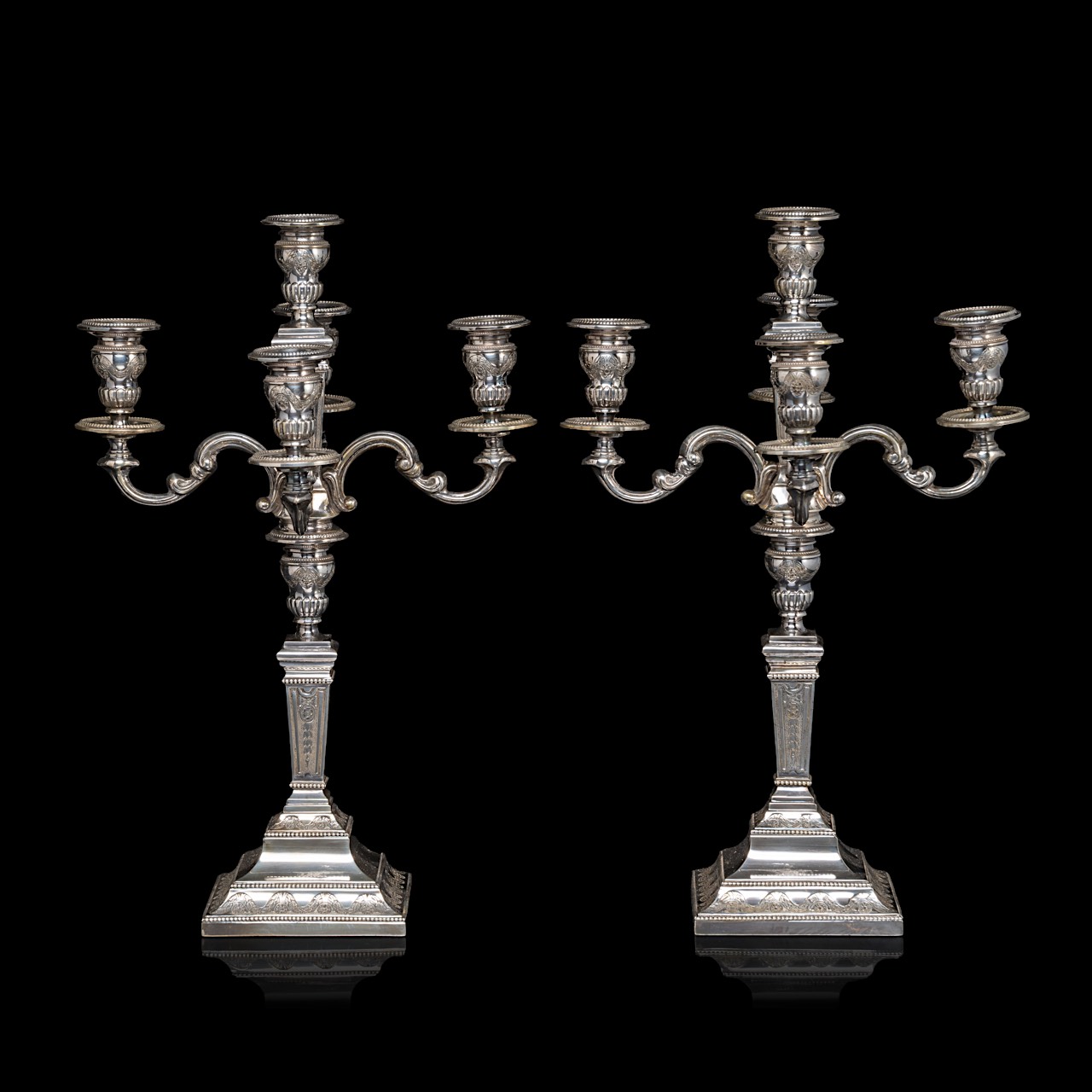 A pair of Neoclassical silver candelabras, Belgian hallmark (1942-present), 835/000, maker's mark Co - Image 2 of 7