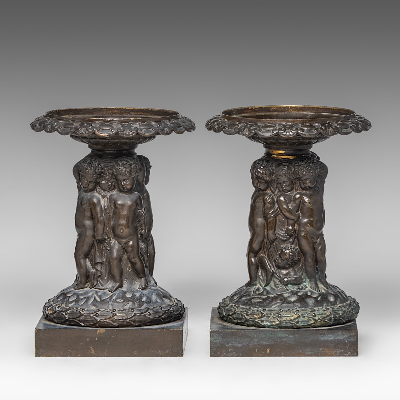 A pair of cut crystal coupes on patinated bronze figural stands, in the Wiener Werkstatte manner, H - Image 3 of 7