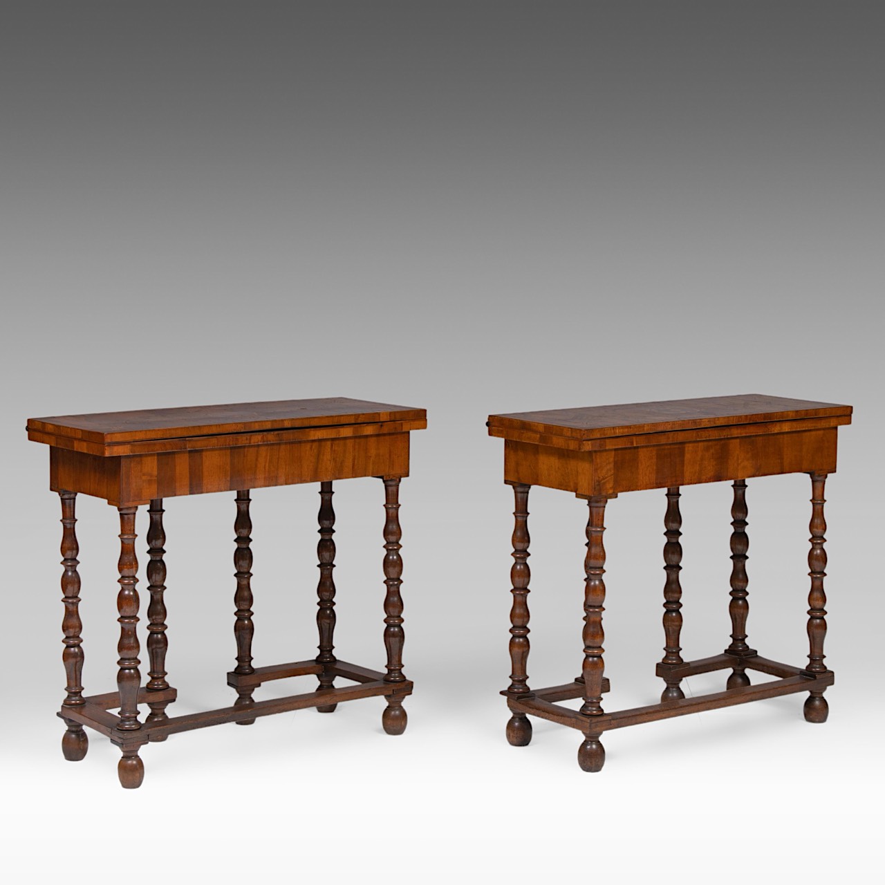 A pair of burlwood veneered walnut card tables, Dutch, 18thC, each H 78 cm - W 85 cm - D 33,5 cm (cl - Image 6 of 8