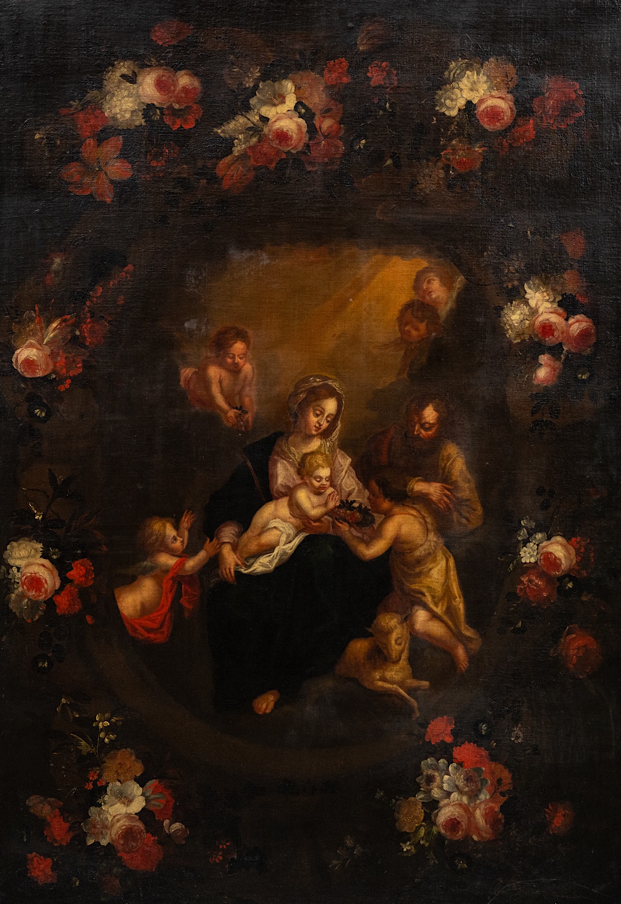The Holy Family in a flower wreath, 17thC, Flemish School, oil on canvas 195 x 138 cm. (76.7 x 54.3