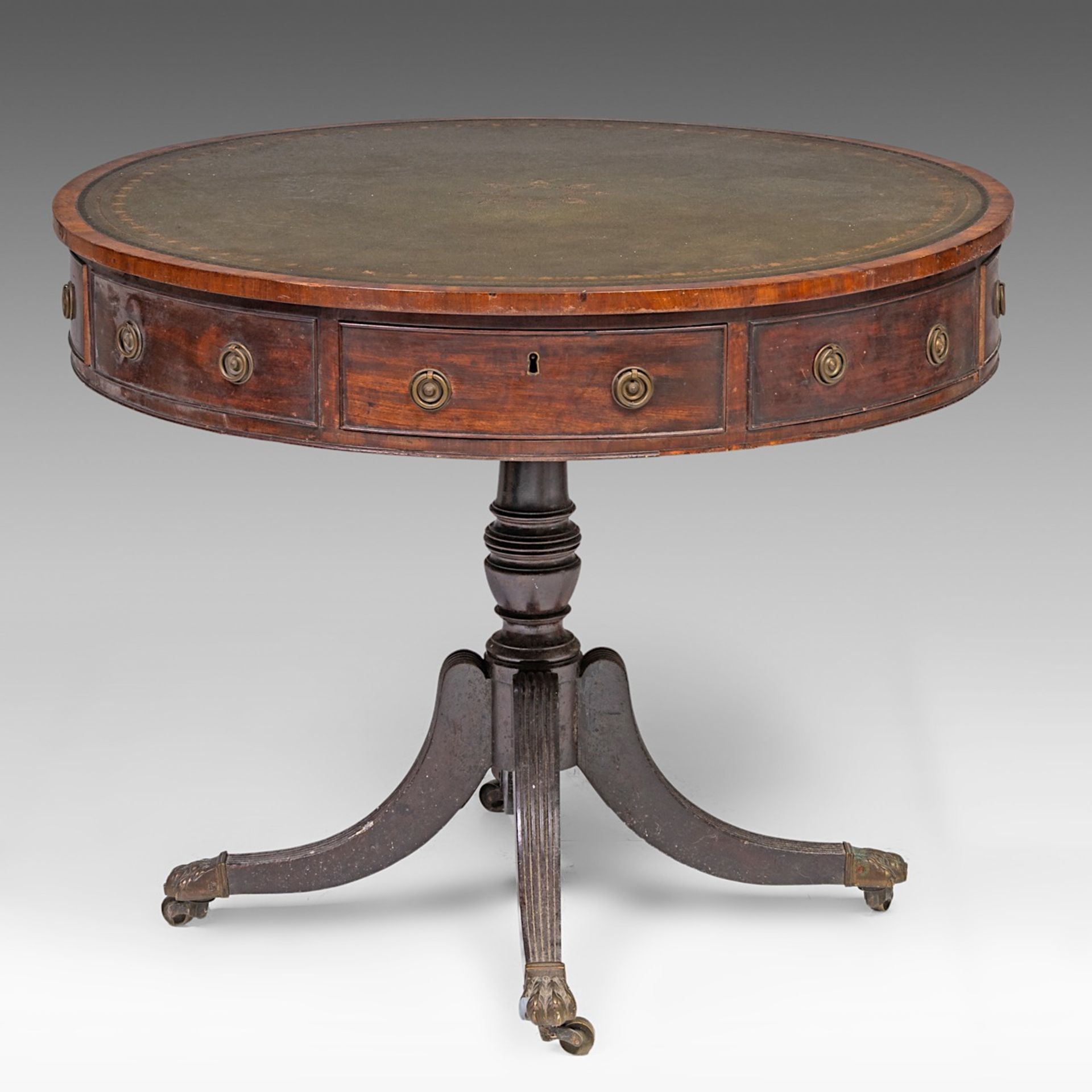 An English revolving drum table, marked with a crowned WR, ca. 1800, H 74 cm - dia 91 cm - Image 4 of 9