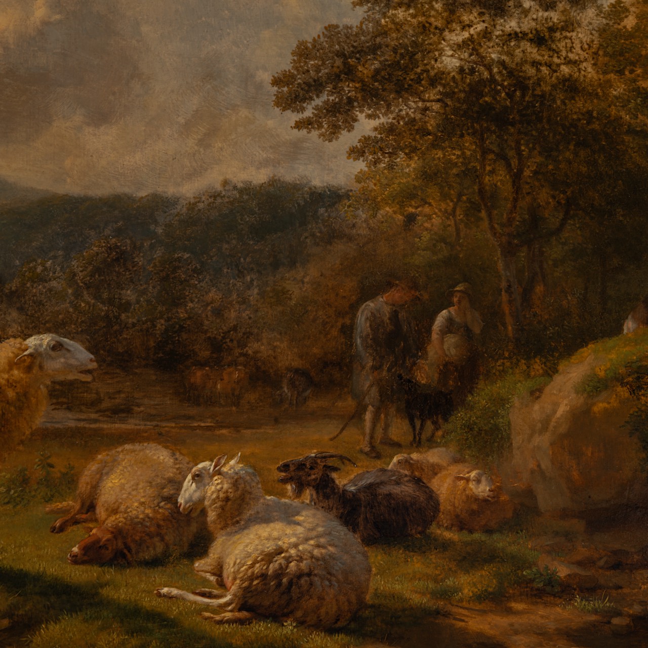 Balthazar Paul Ommeganck (1755-1826), shepherds with resting flock of sheep, oil on panel 50 x 60 cm - Image 6 of 7
