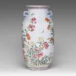 A Chinese famille rose 'Flower Garden' vase, the back with a signed text, with a Qianlong mark, H 32