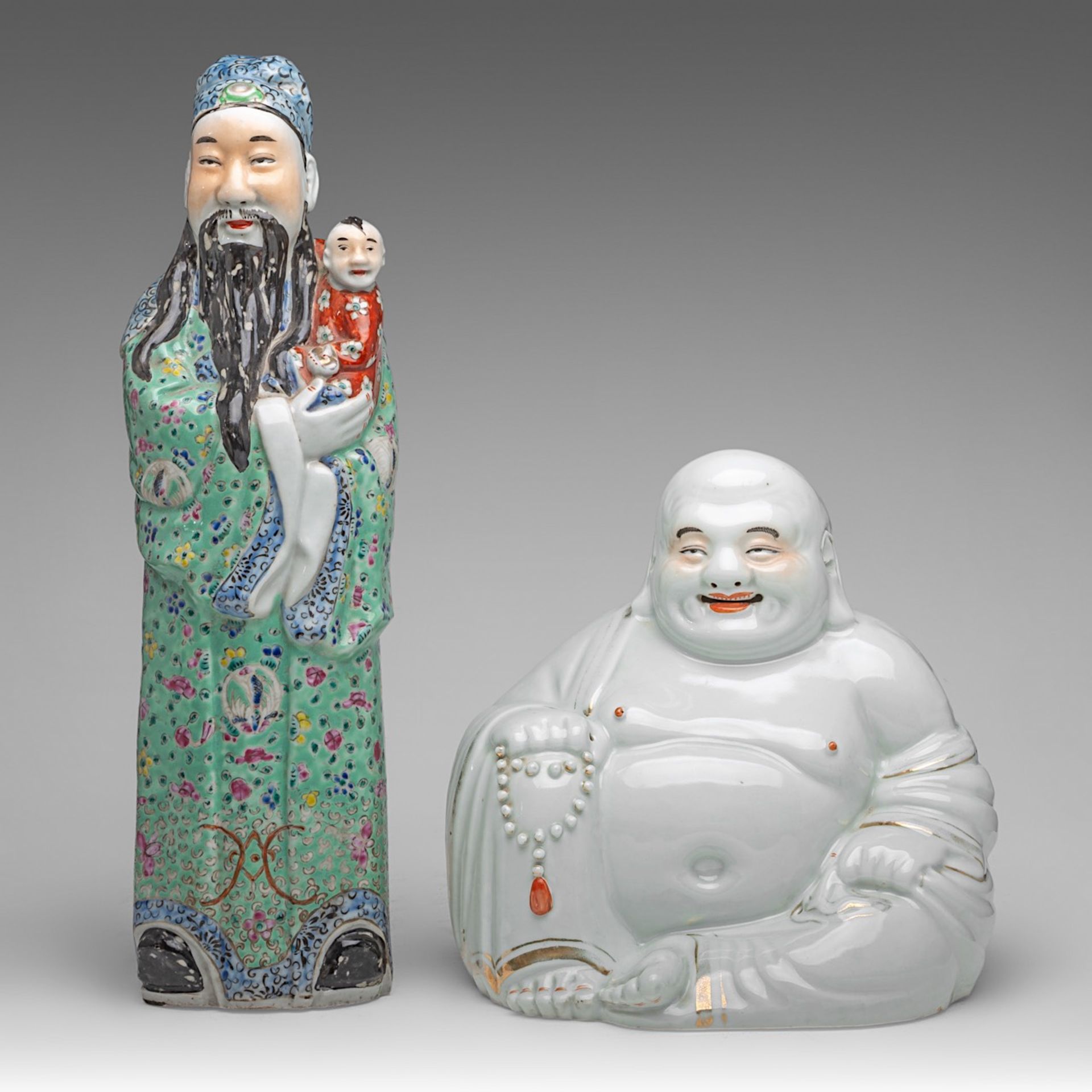 A Chinese famille rose enamelled biscuit figure of a smiling Budai and Fu Xing, one with an impresse - Image 9 of 14