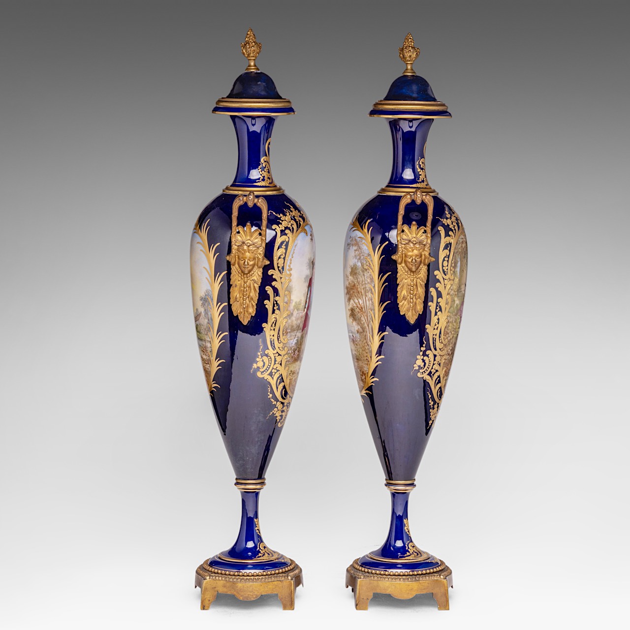 An pair of Sevres vases, with gallant scenes and gilt brass mounts, H 65 cm - Image 4 of 10