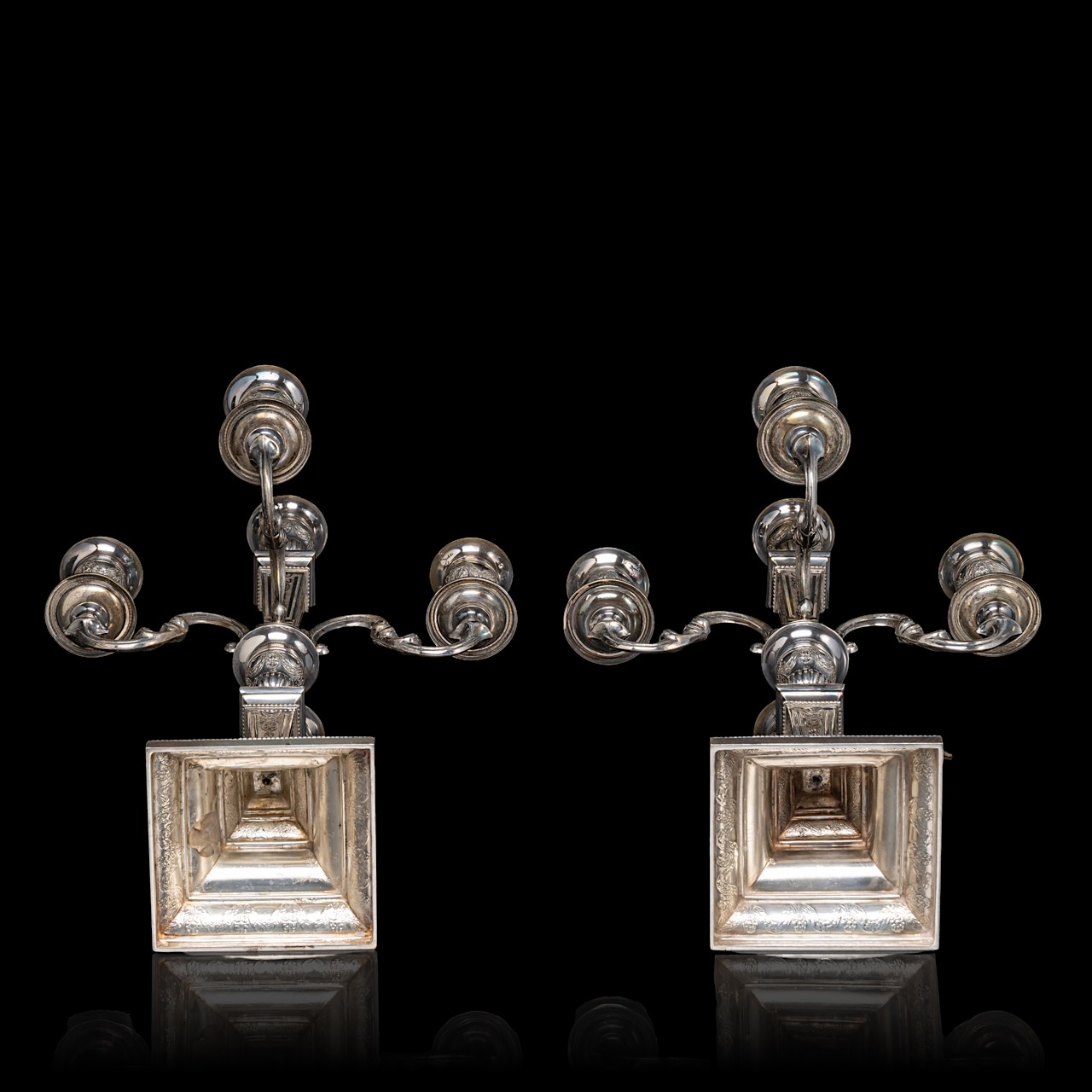 A pair of Neoclassical silver candelabras, Belgian hallmark (1942-present), 835/000, maker's mark Co - Image 6 of 7