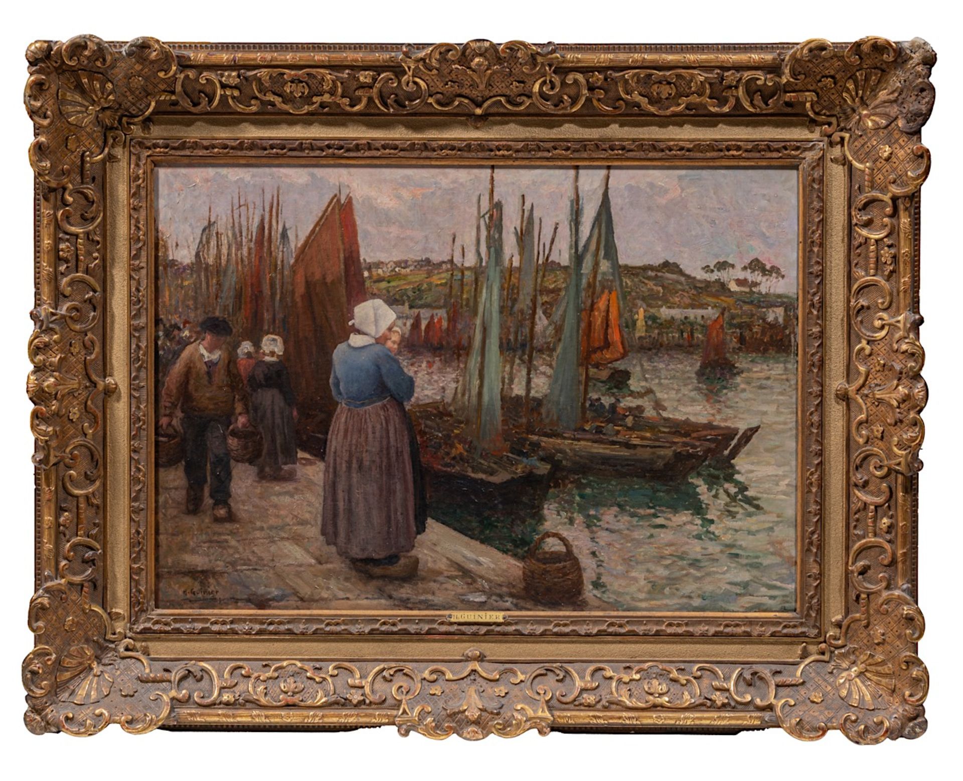 Herni Jules Guinier (1867-1927), Breton fishing port, oil on canvas 55 x 80 cm. (21.6 x 31 1/2 in.), - Image 2 of 6